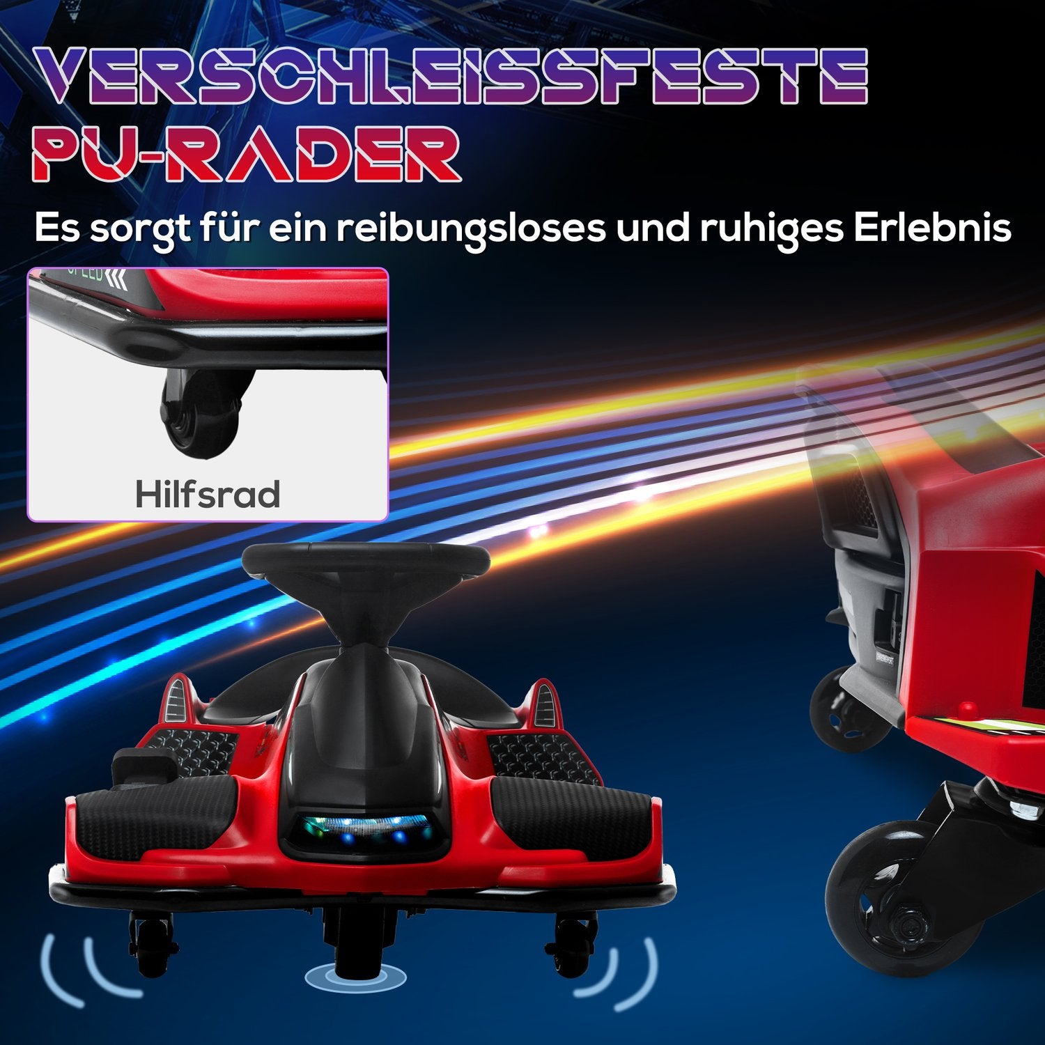 Elektrisk gokart för barn, gummihjul, 3-8 km/h, med ljus och musikfunktion, röd