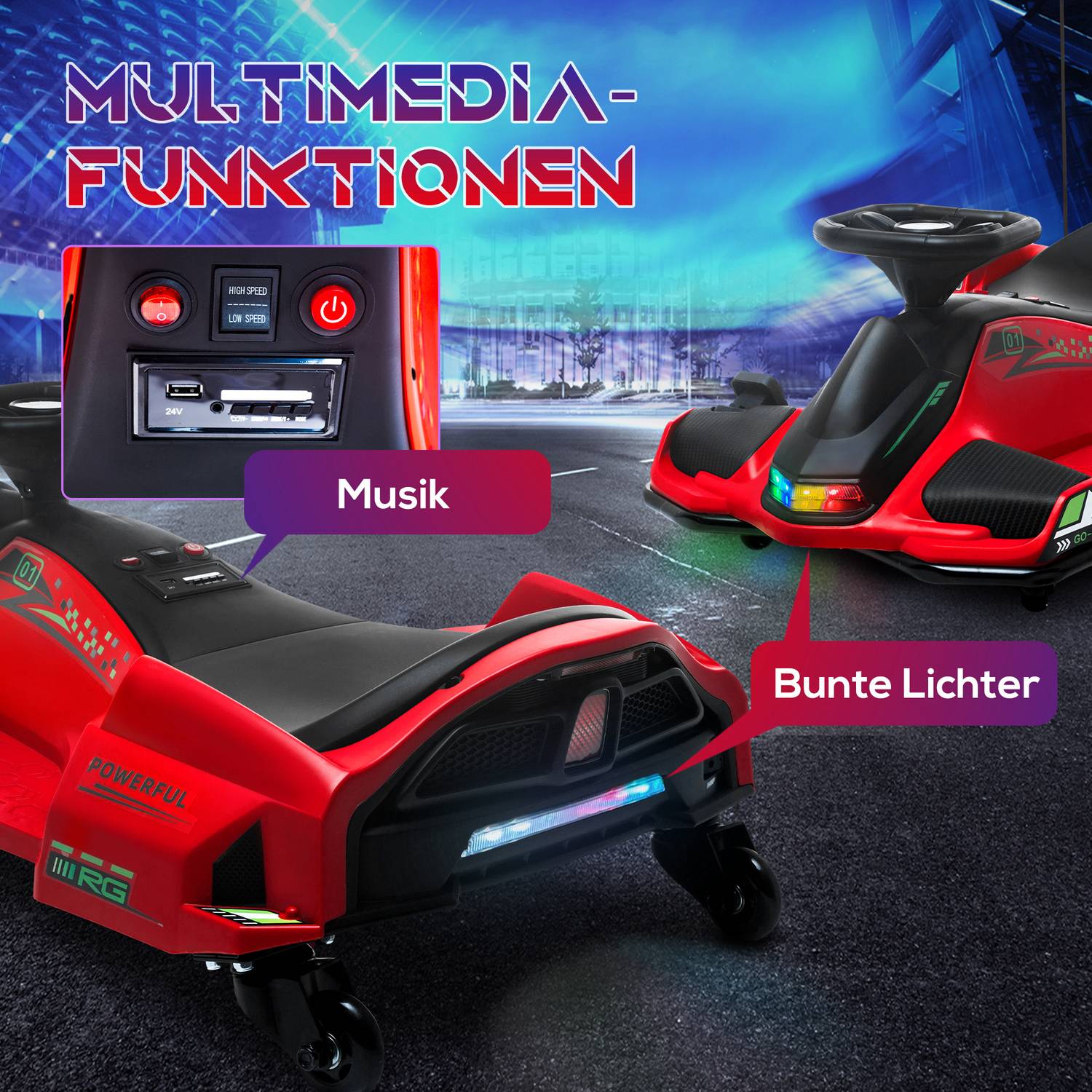 Elektrisk gokart för barn, gummihjul, 3-8 km/h, med ljus och musikfunktion, röd