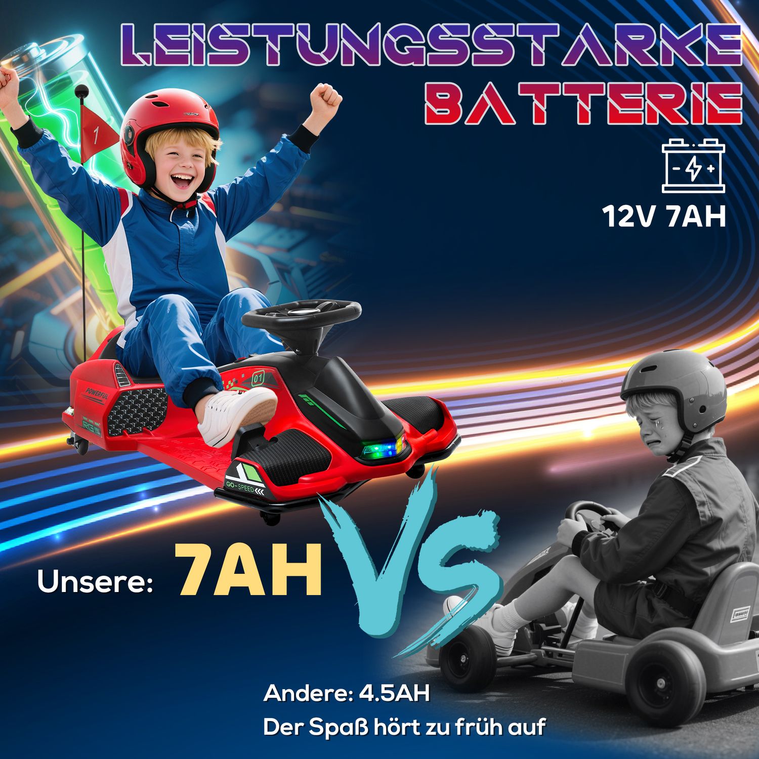 Elektrisk gokart för barn, gummihjul, 3-8 km/h, med ljus och musikfunktion, röd