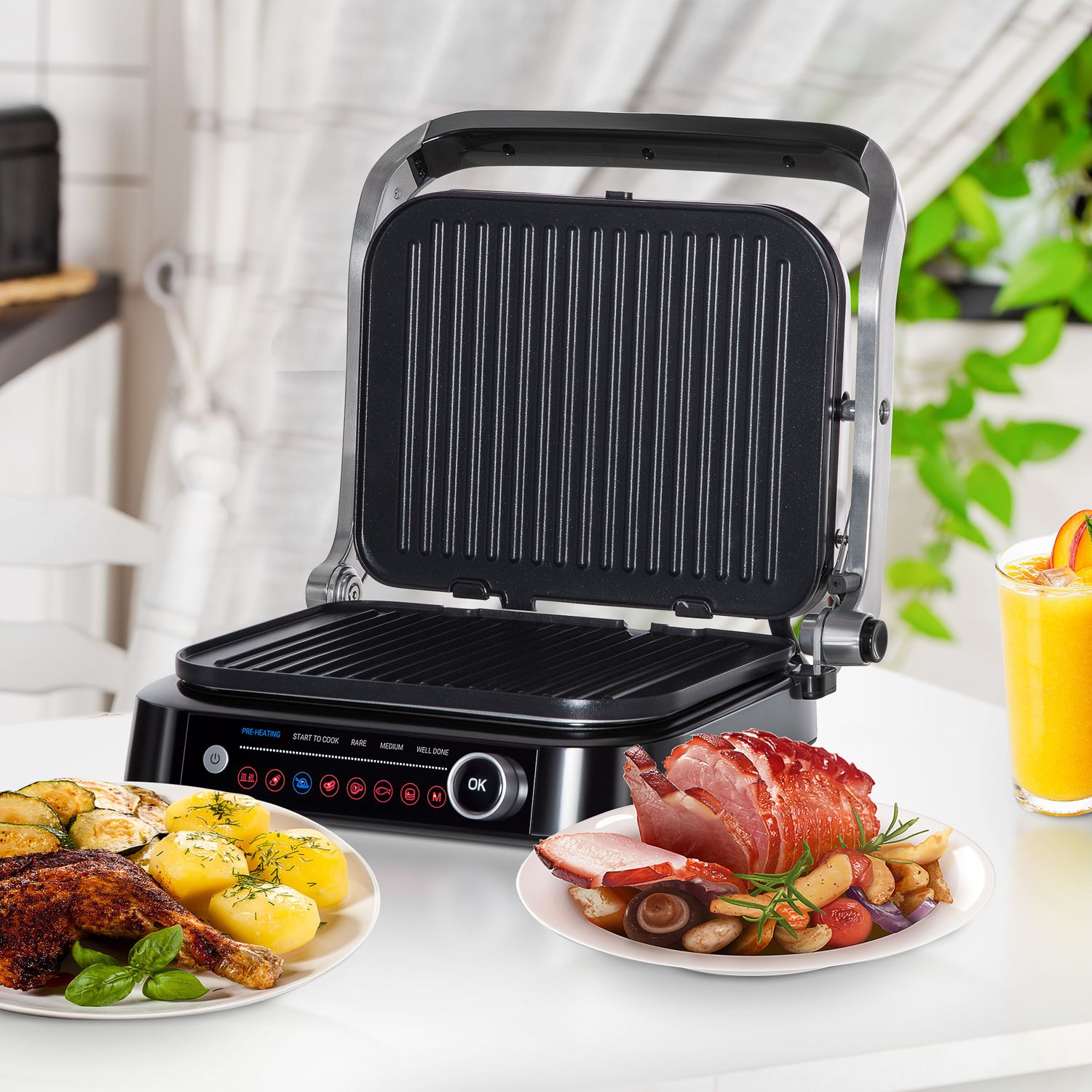 Elektrisk kontaktgrill, 2100W, hopfällbar, 8 tillagningslägen
