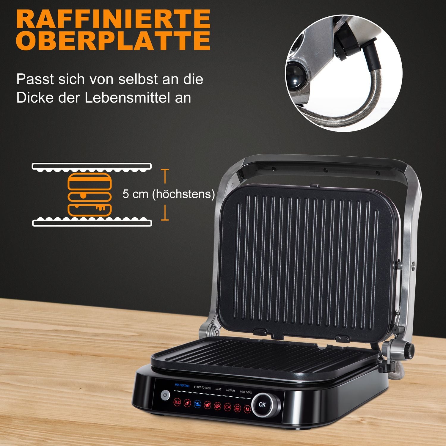 Elektrisk kontaktgrill, 2100W, hopfällbar, 8 tillagningslägen