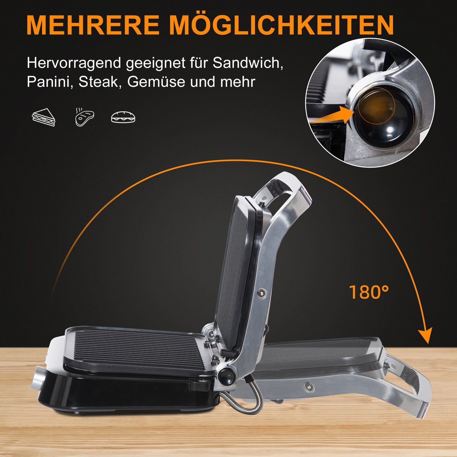 Elektrisk kontaktgrill, 2100W, hopfällbar, 8 tillagningslägen