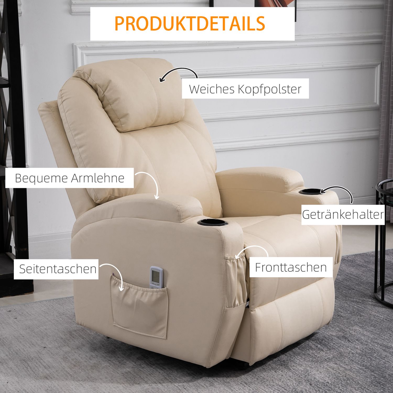Elektrisk liggande massagestol, konstläder, beige