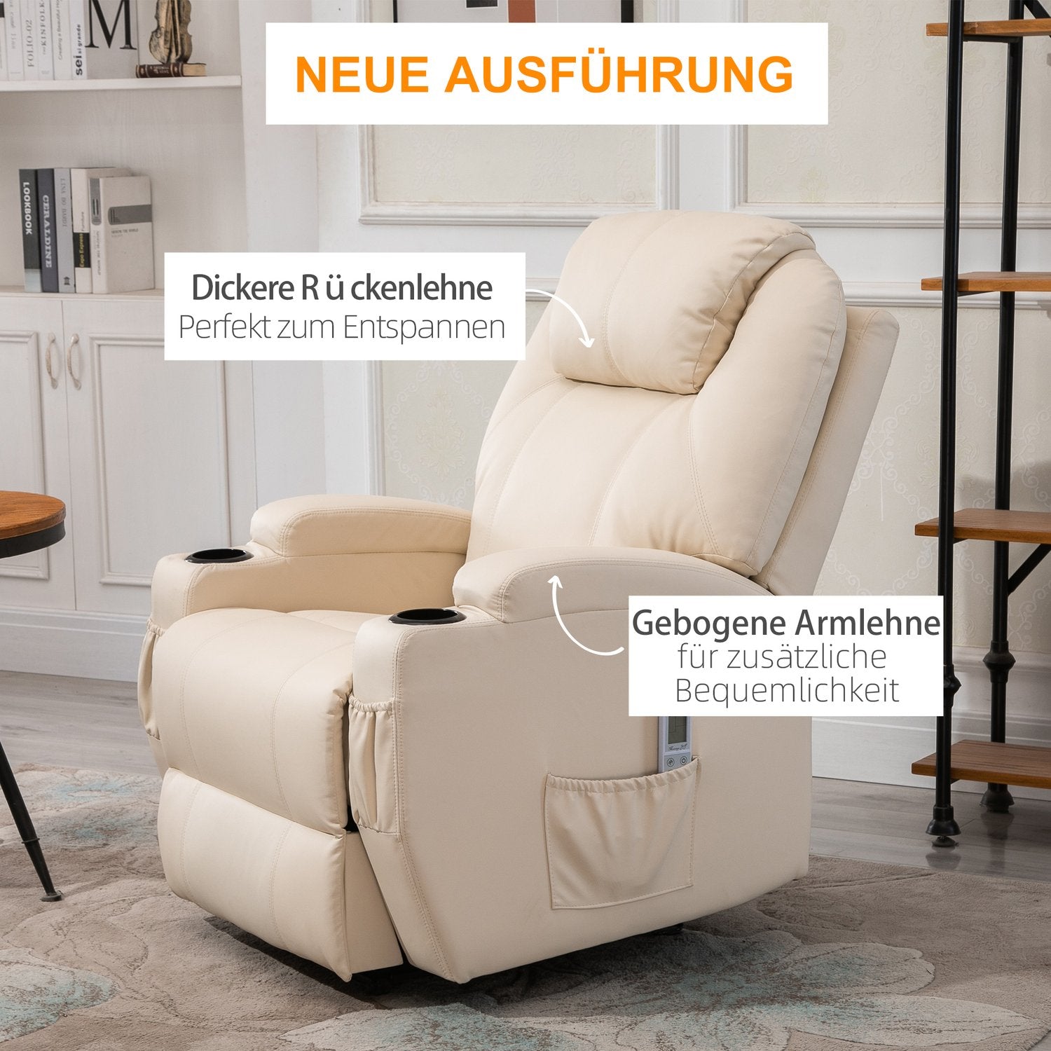 Elektrisk liggande massagestol, konstläder, beige