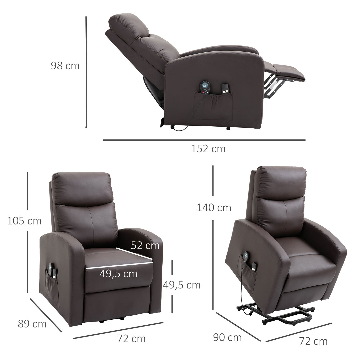 Elektrisk massagefåtölj, ligg med stå-uppstöd, brun