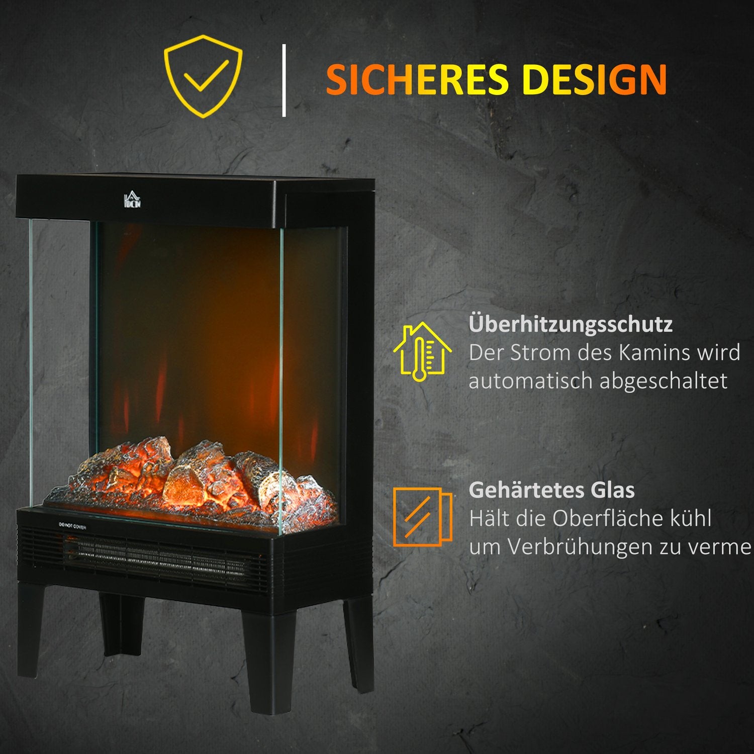 Elektrisk öppen spis med LED Flame, 1000/2000W, Svart