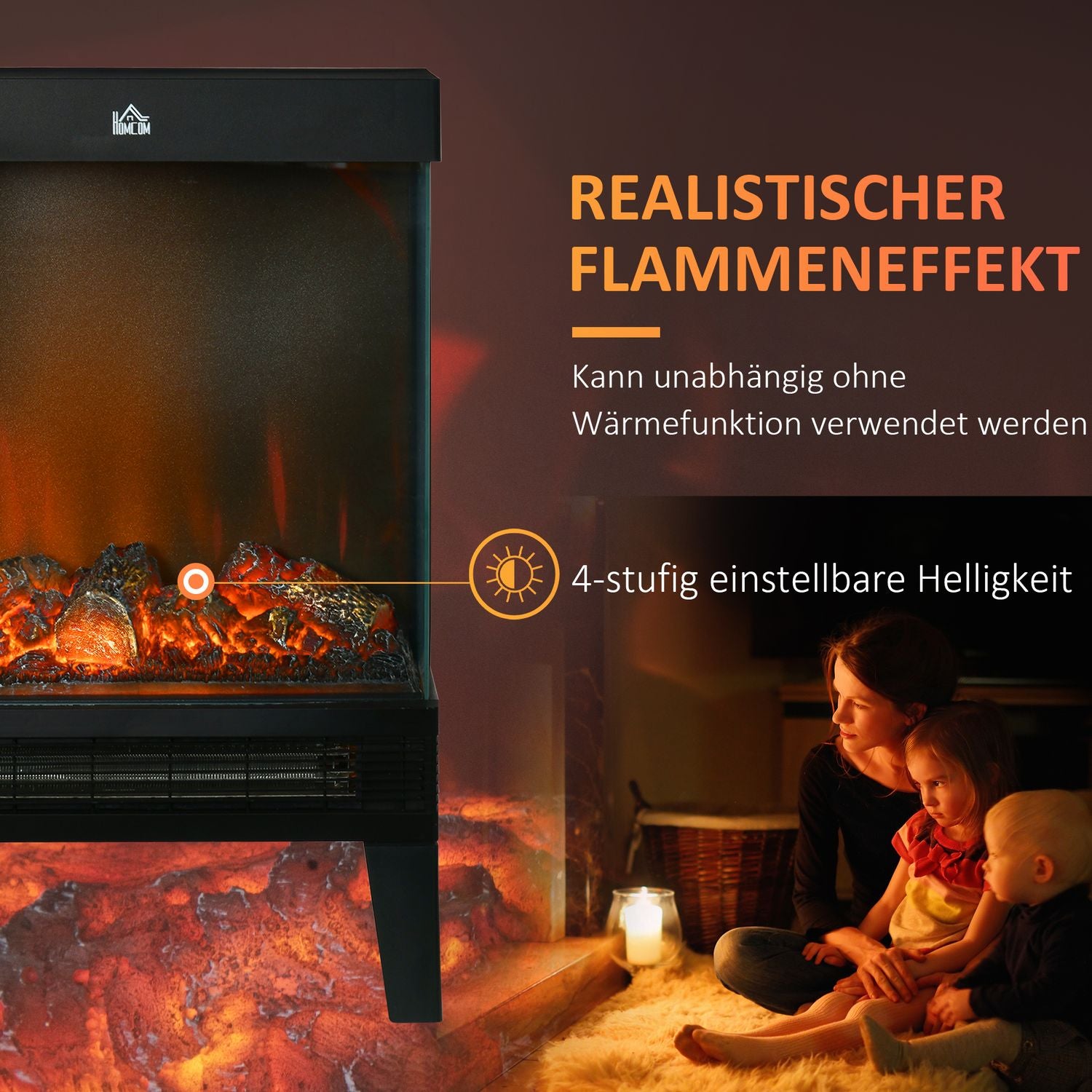 Elektrisk öppen spis med LED Flame, 1000/2000W, Svart