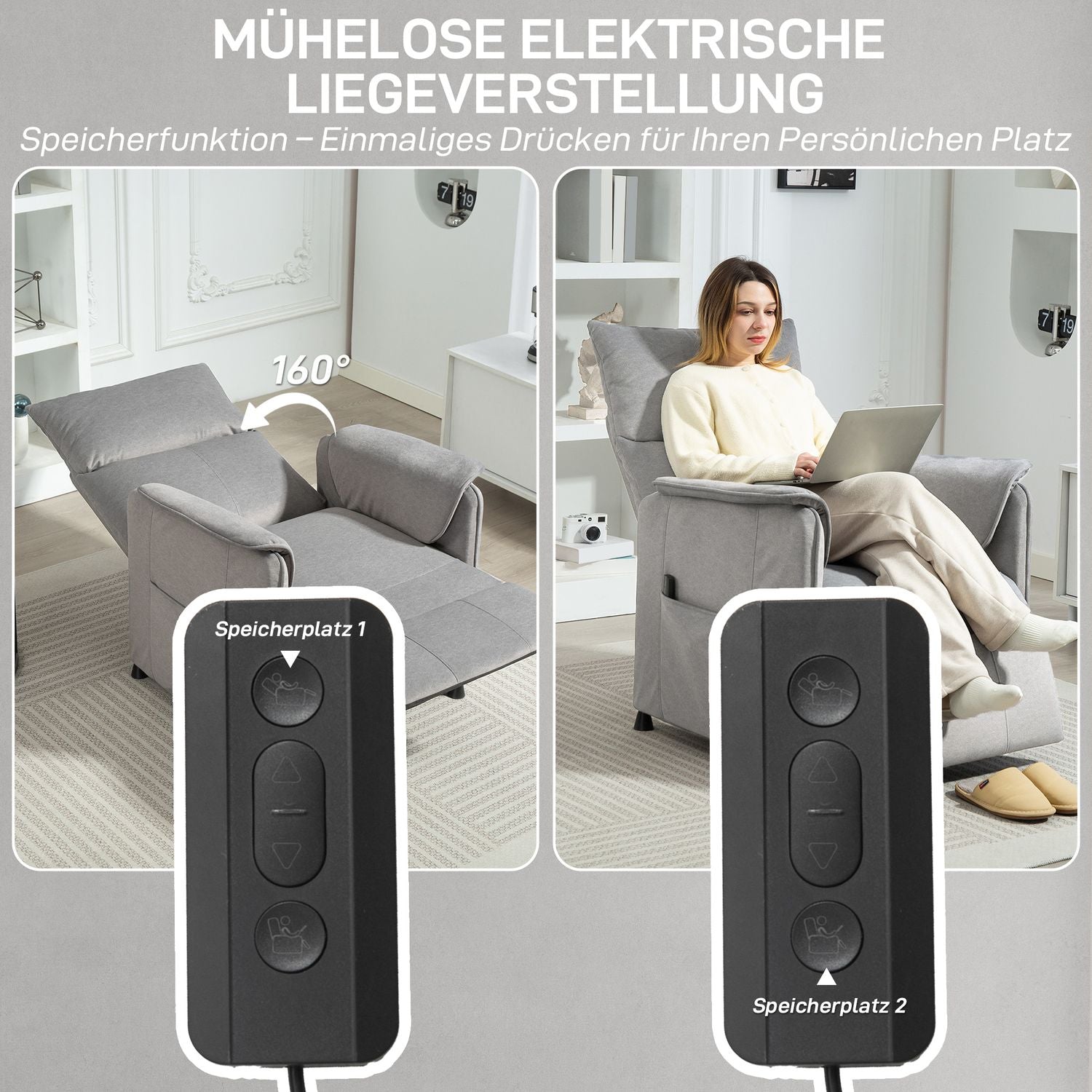 Elektrické polohovací křeslo, tiché, s paměťovou funkcí, šedý samet