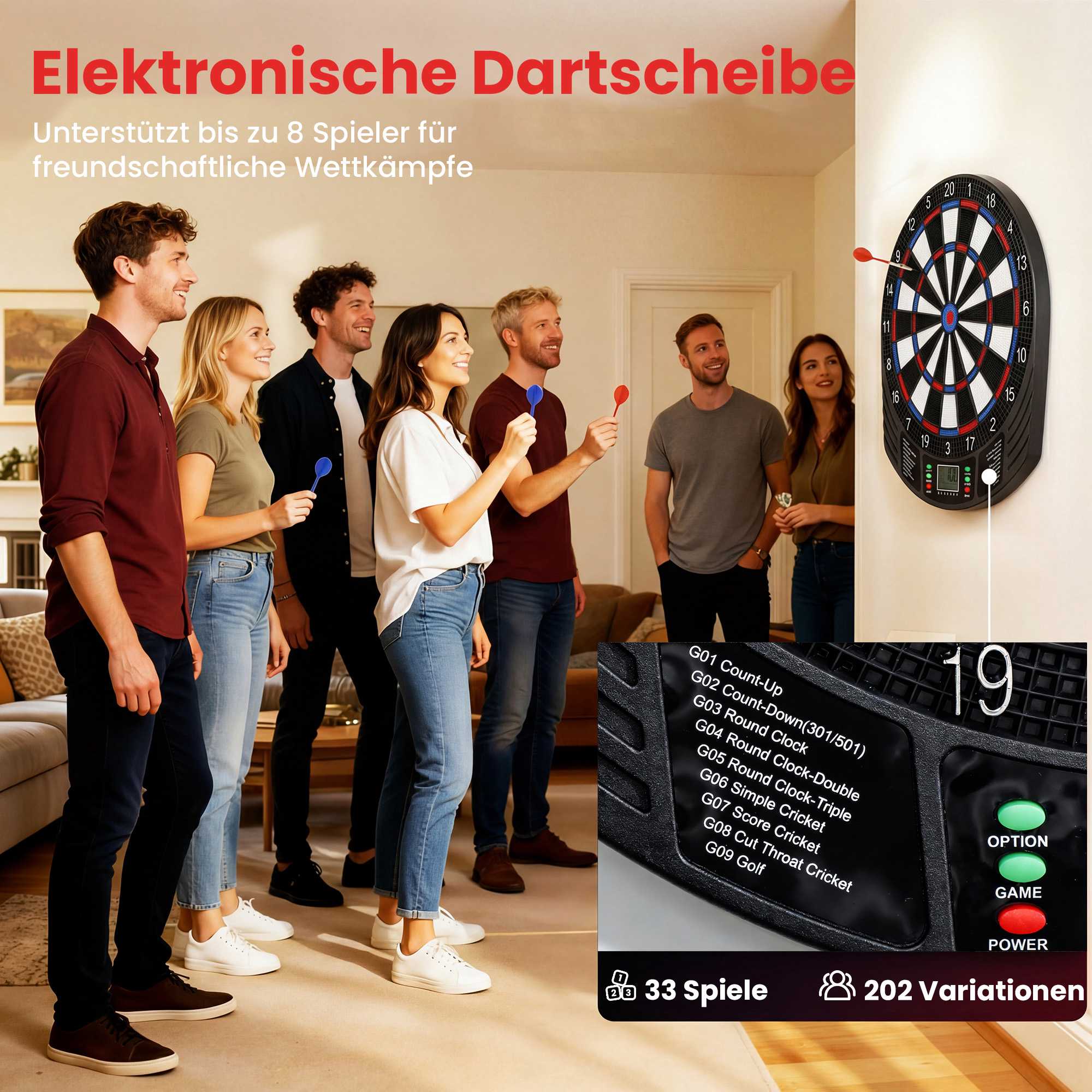 Elektronisk darttavla, 1–8 spelare, LCD-skärm, 6 dartset