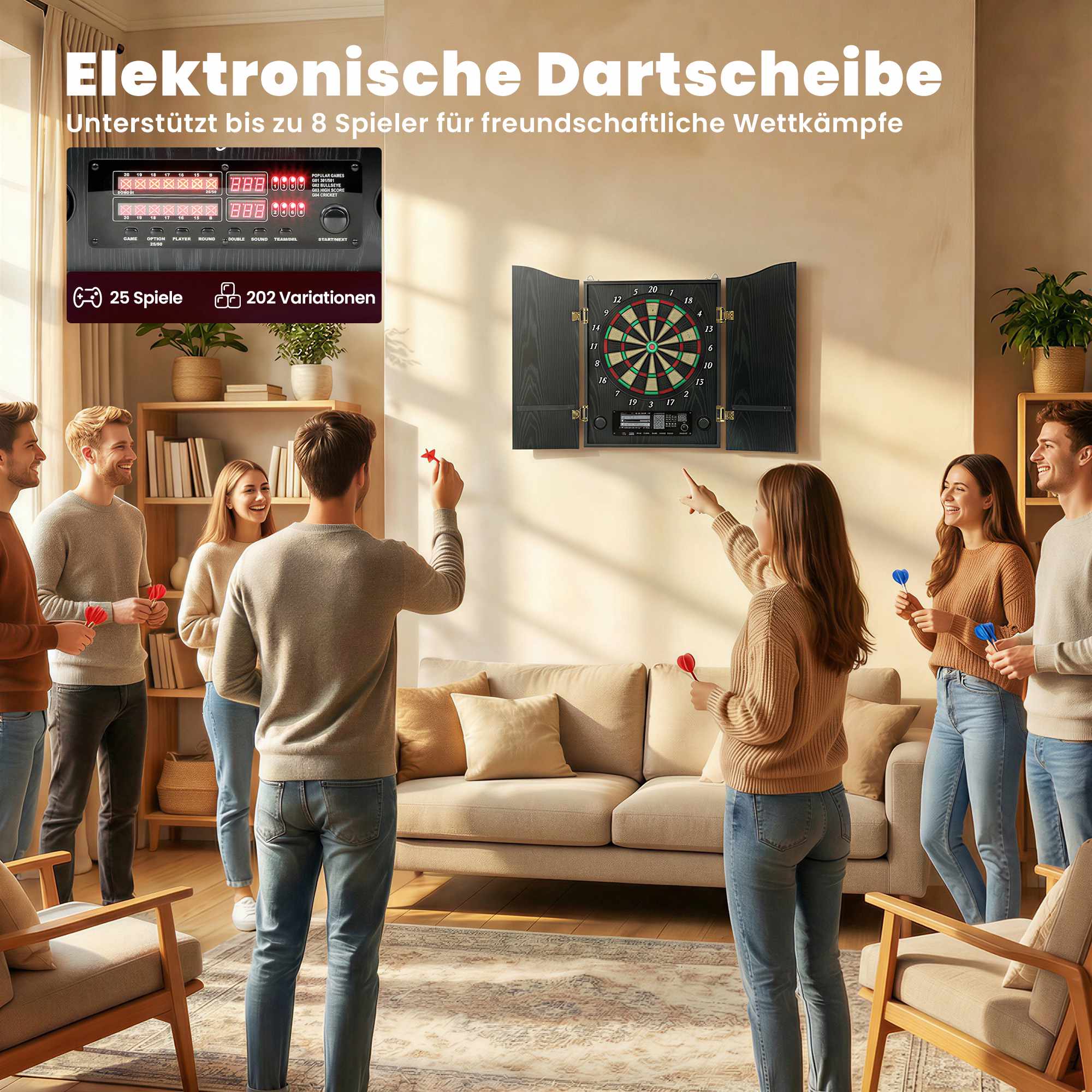 Elektronisk darttavla med skåp, 25 spel, LED-display