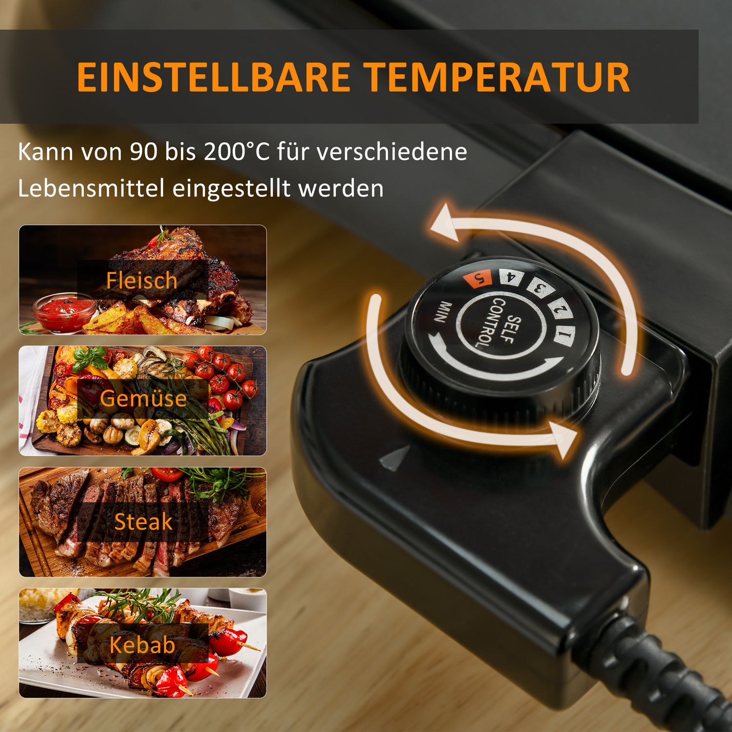 Elgrill, non-stick tallrik, justerbar termostat, 1600W