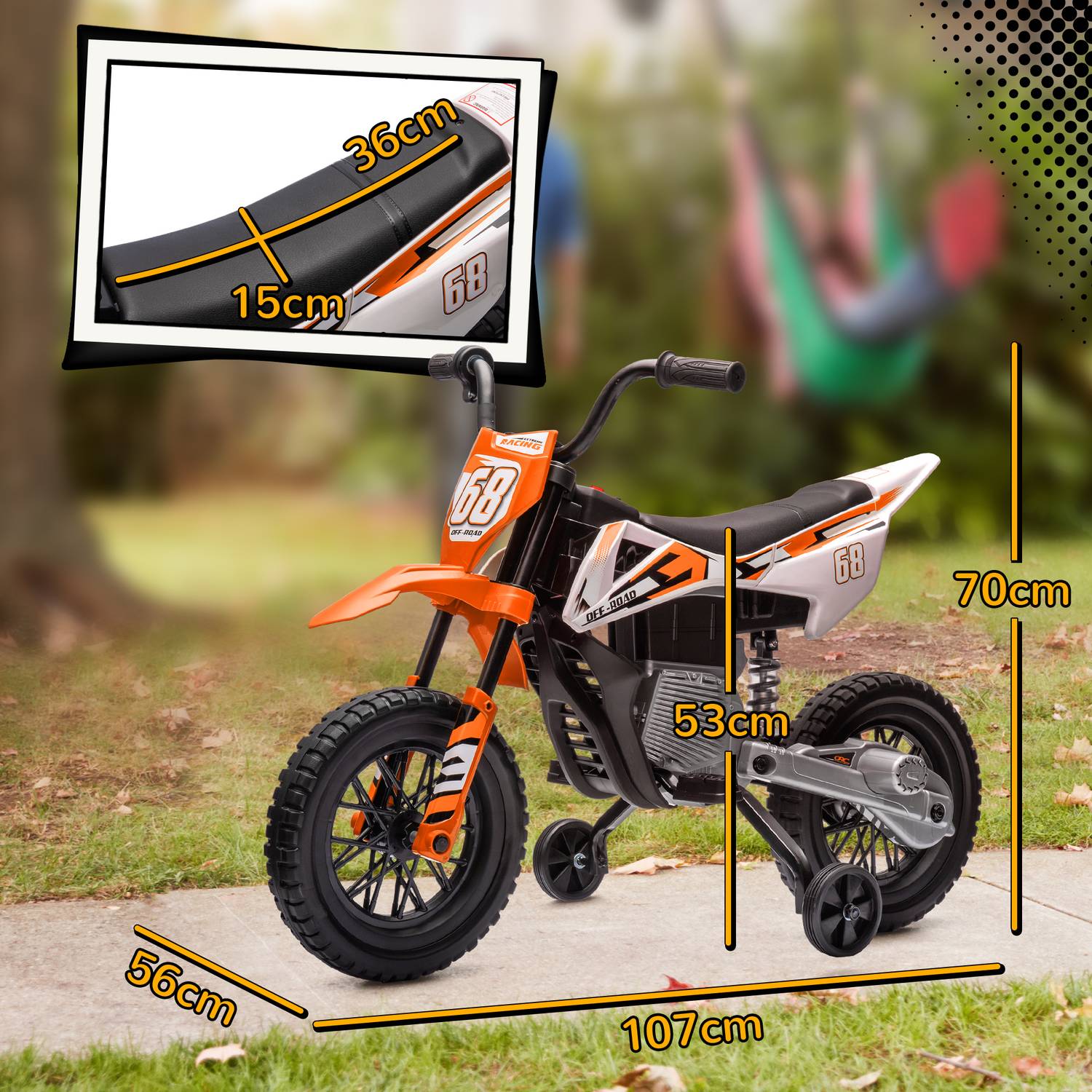 Elektrická motorka pro děti, 12V, hudba, pomocná kolečka, oranžová