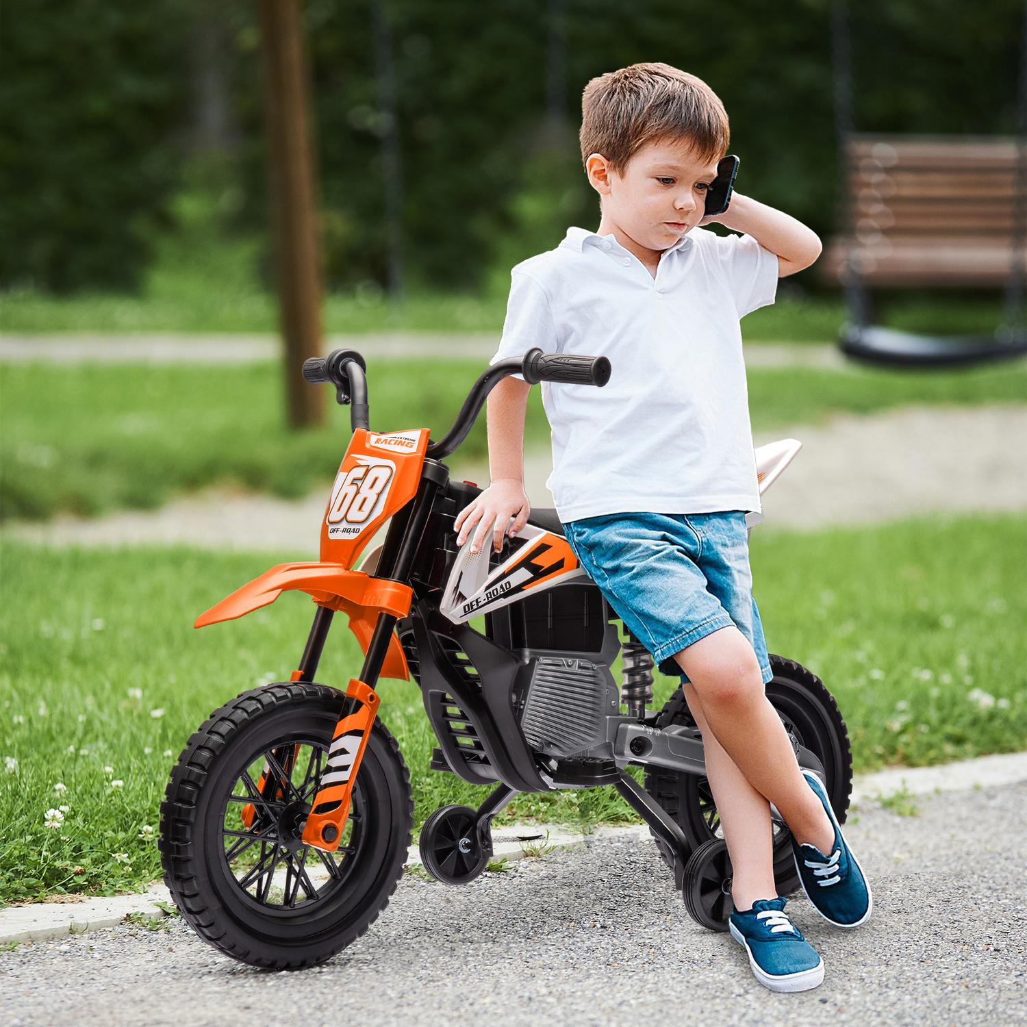 Elektrická motorka pro děti, 12V, hudba, pomocná kolečka, oranžová