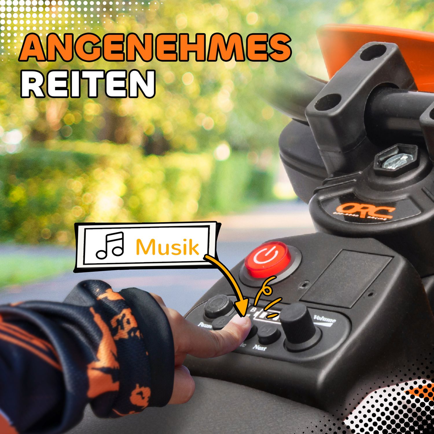 Elektrická motorka pro děti, 12V, hudba, pomocná kolečka, oranžová