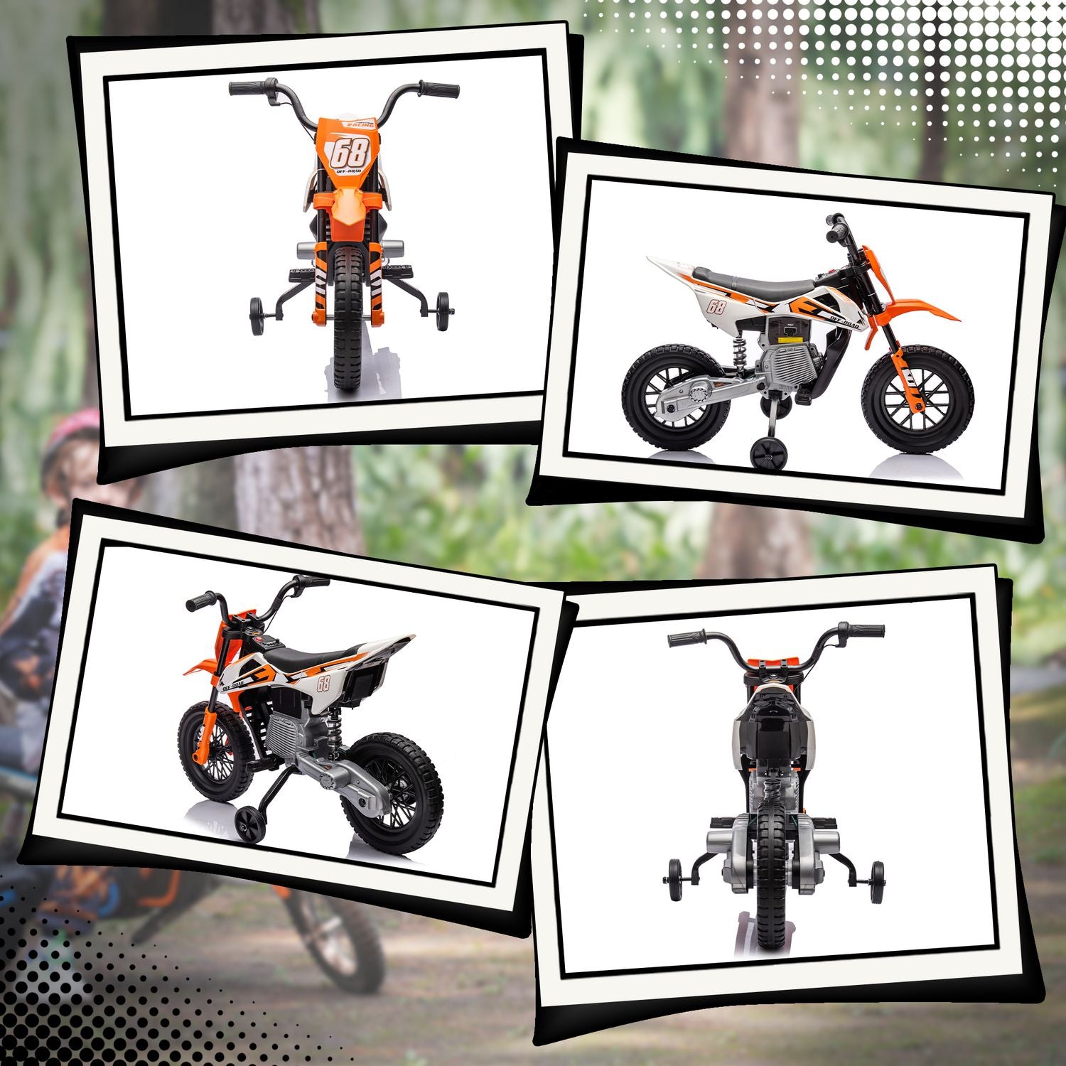 Elektrická motorka pro děti, 12V, hudba, pomocná kolečka, oranžová