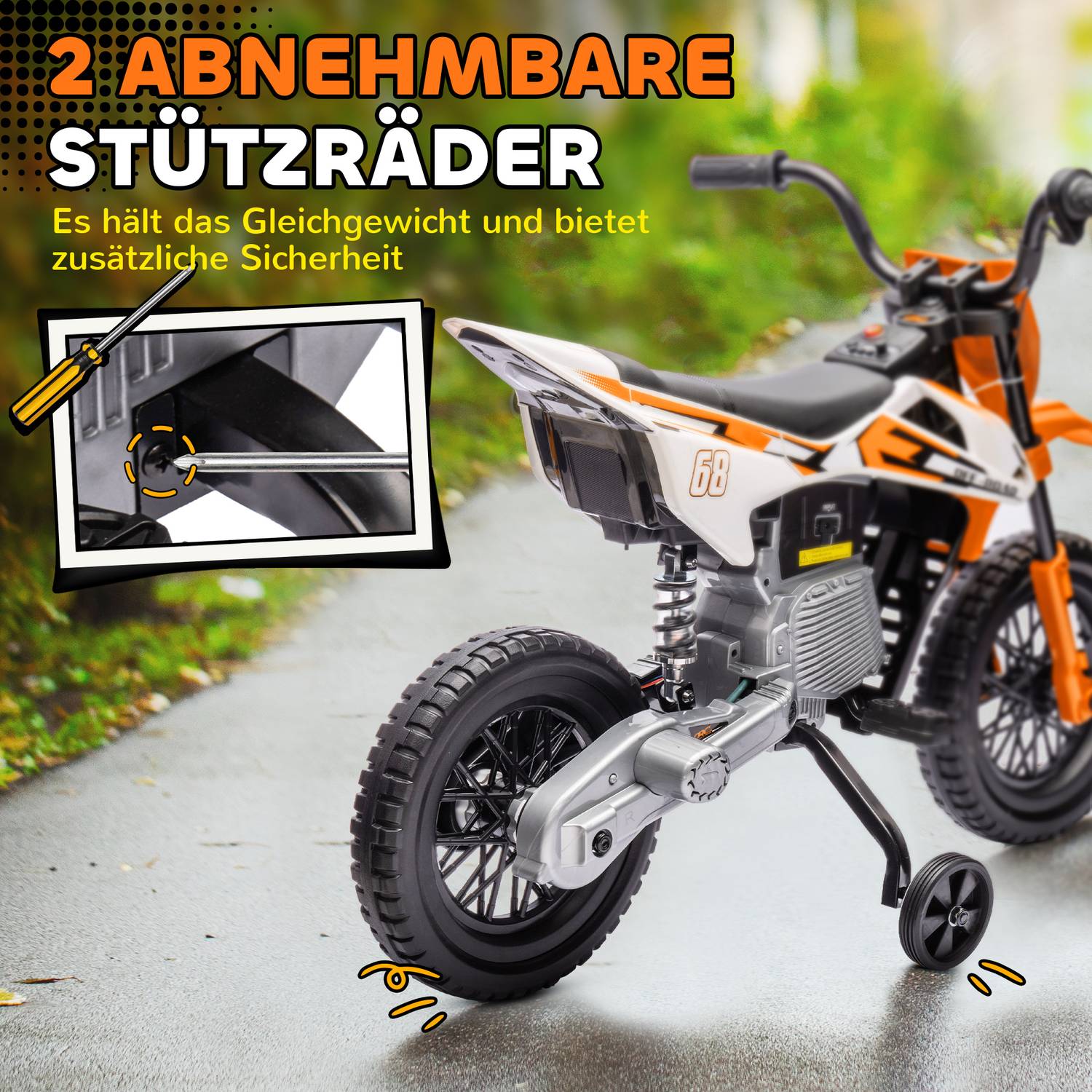 Elektrická motorka pro děti, 12V, hudba, pomocná kolečka, oranžová