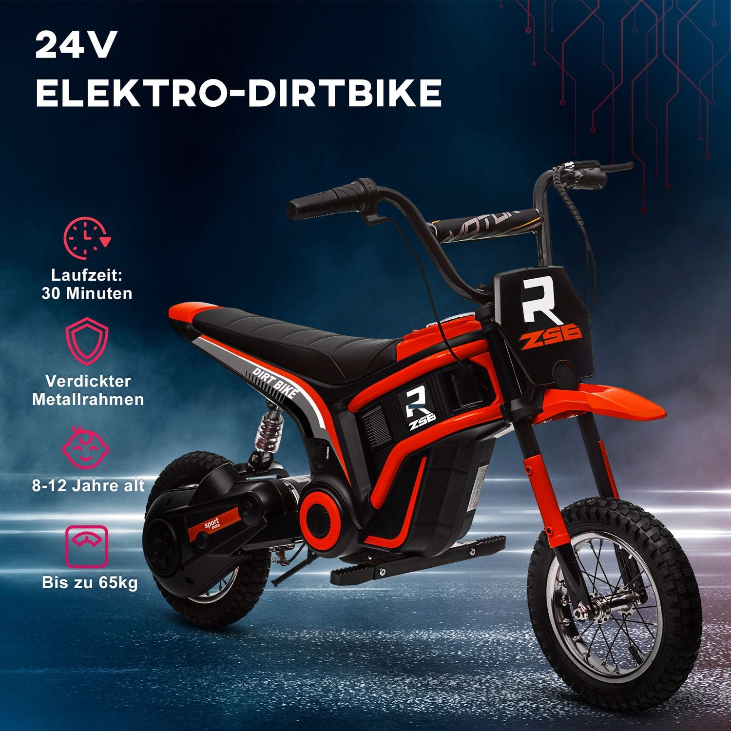 Elektrická motorka pro děti, 24V 350W, 8-16 KMH, 12"" pneumatiky