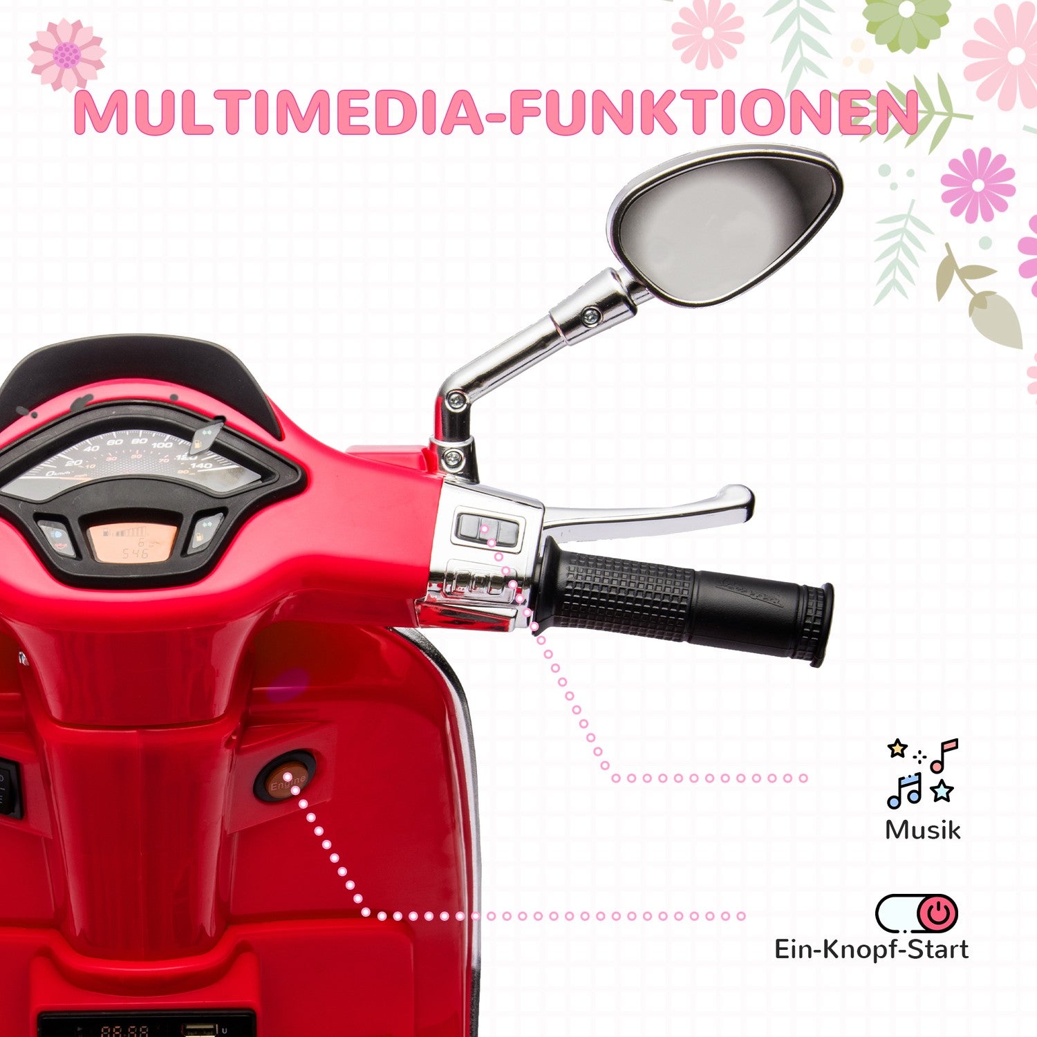 Elektrická motorka pro děti, 6V, MP3 a LED světla, červená