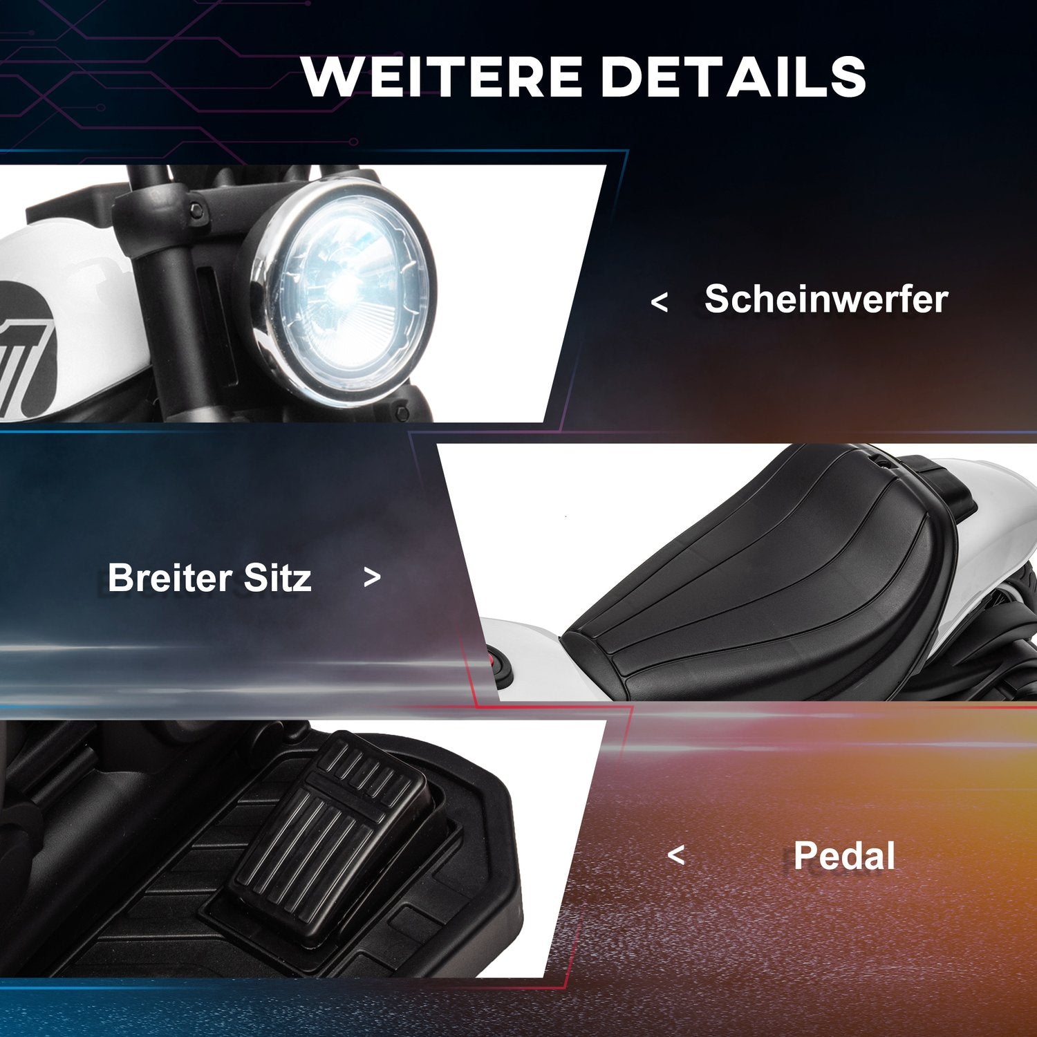 Elektrická motorka pro děti s postranními kolečky, bílá