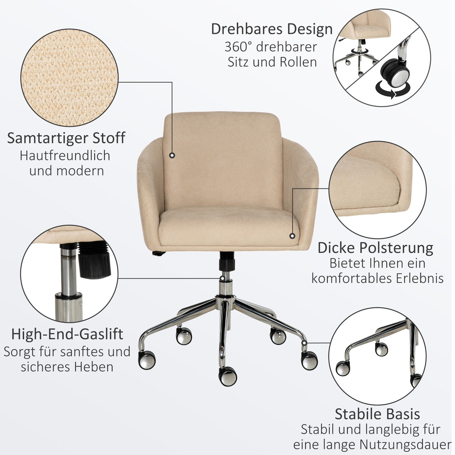Ergonomisk beige kontorsstol – justerbar höjd, vridbar