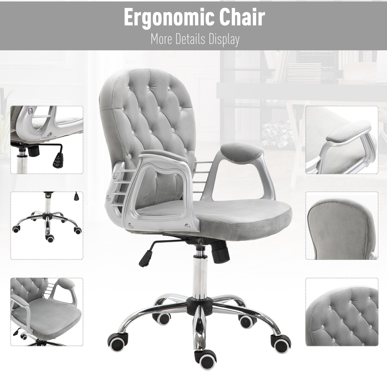 Ergonomisk grå kontorsstol – justerbart vadderat ryggstöd