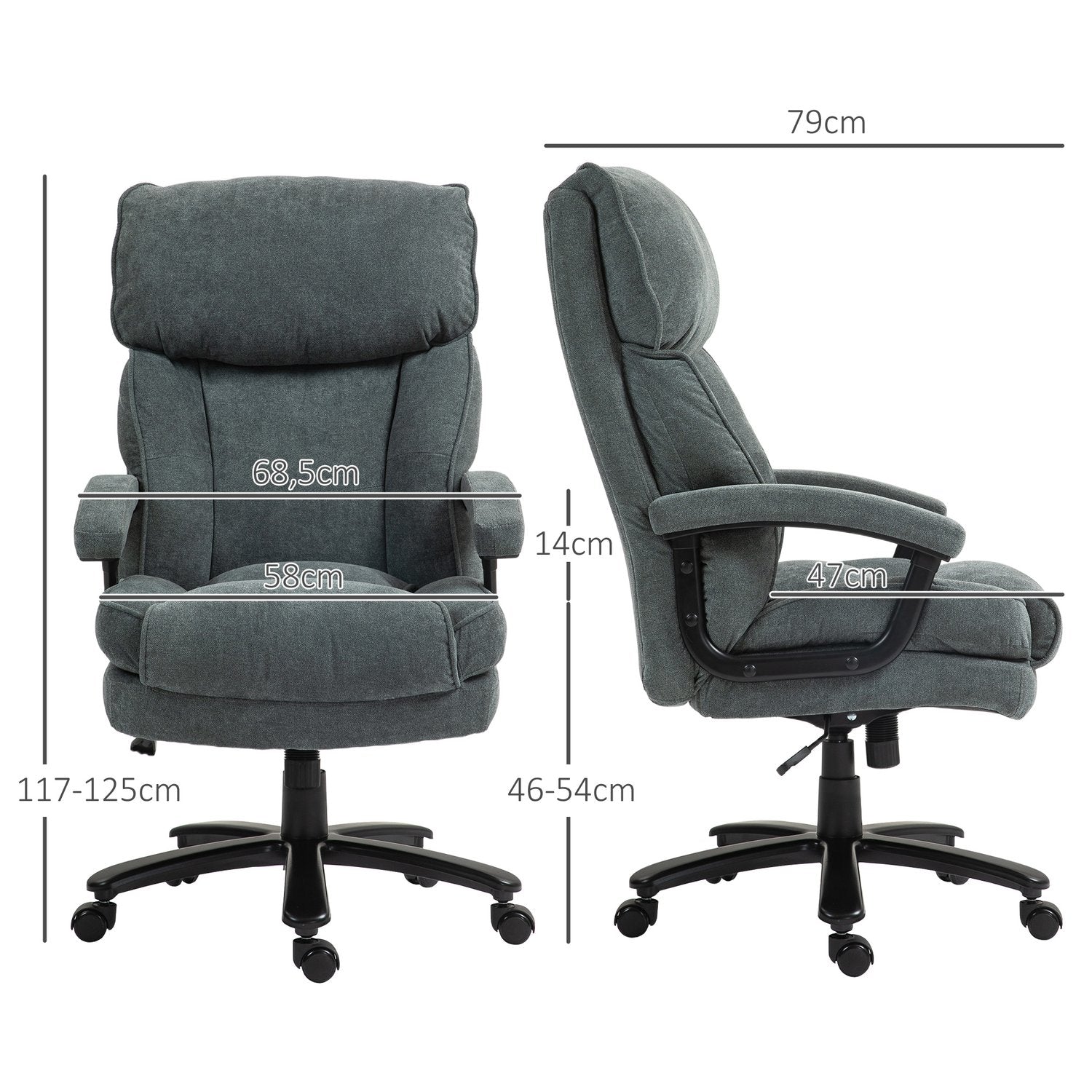Ergonomisk grå kontorsstol, linnelook, höjdjusterbar