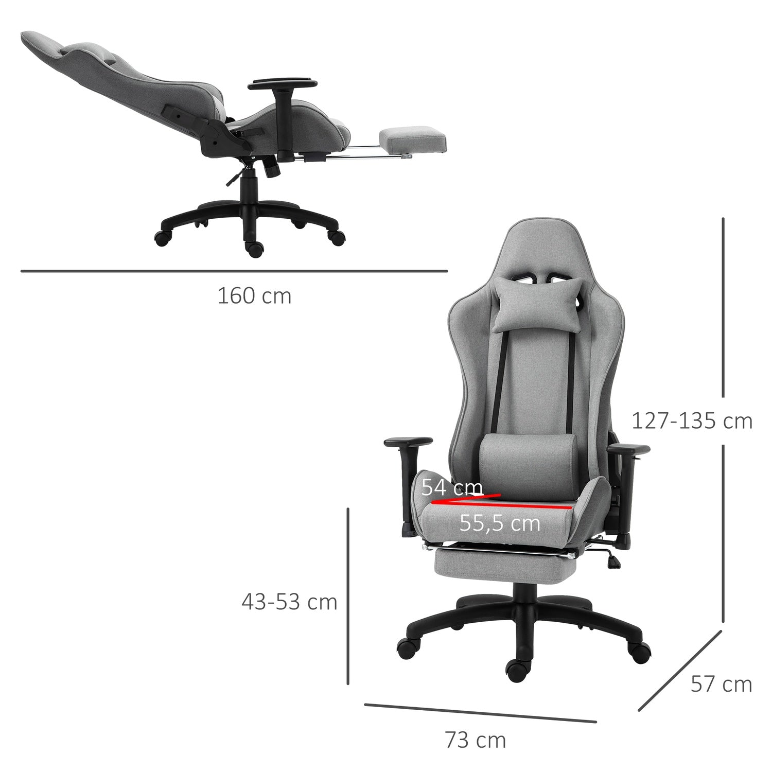 Ergonomisk grå kontorsstol med huvud- och ländkuddar
