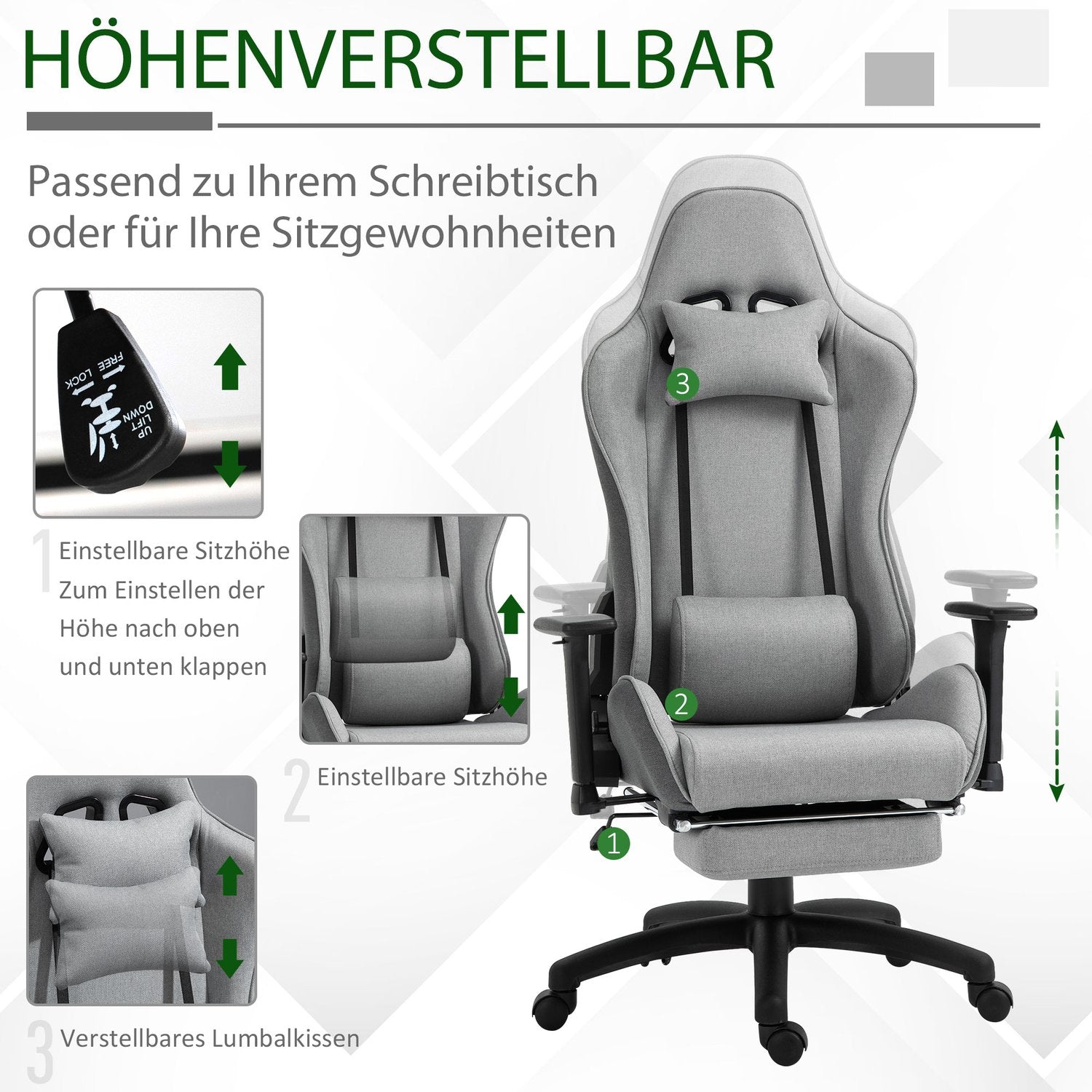 Ergonomisk grå kontorsstol med huvud- och ländkuddar