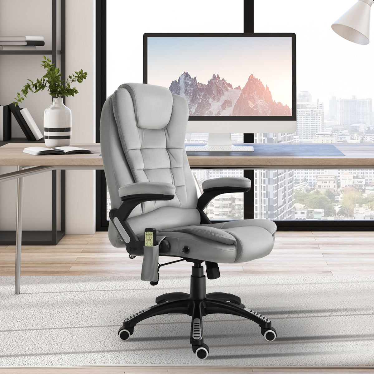 Ergonomické šedé masážní křeslo – výškově nastavitelné do kanceláře a pro hraní