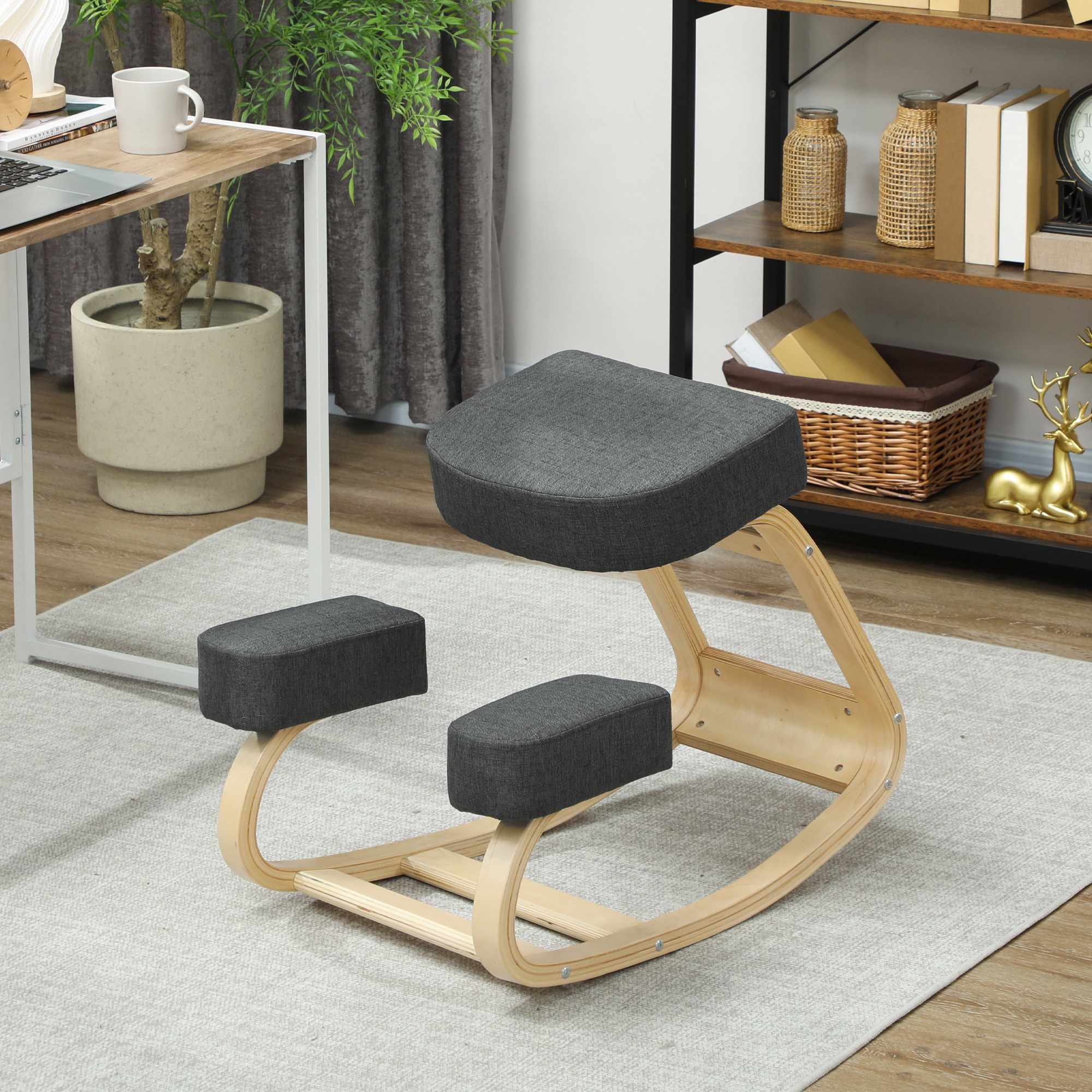 Ergonomisk knäböjstol, björkträ, 120 kg kapacitet, mörkgrå