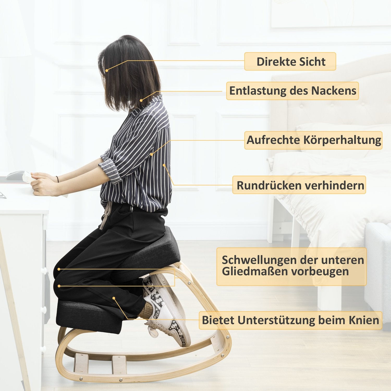 Ergonomisk knästol, björkträ, svart, 120 kg Kapacitet