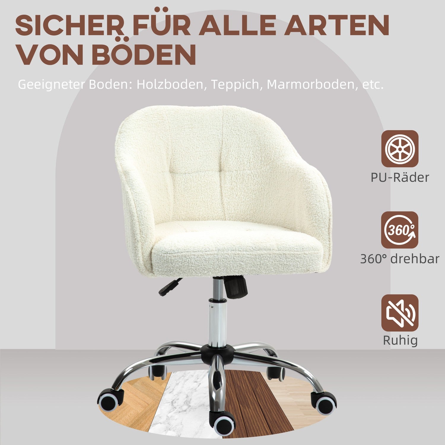 Ergonomisk kontorsstol, Krämvit Teddy Fleece, Justerbar höjd