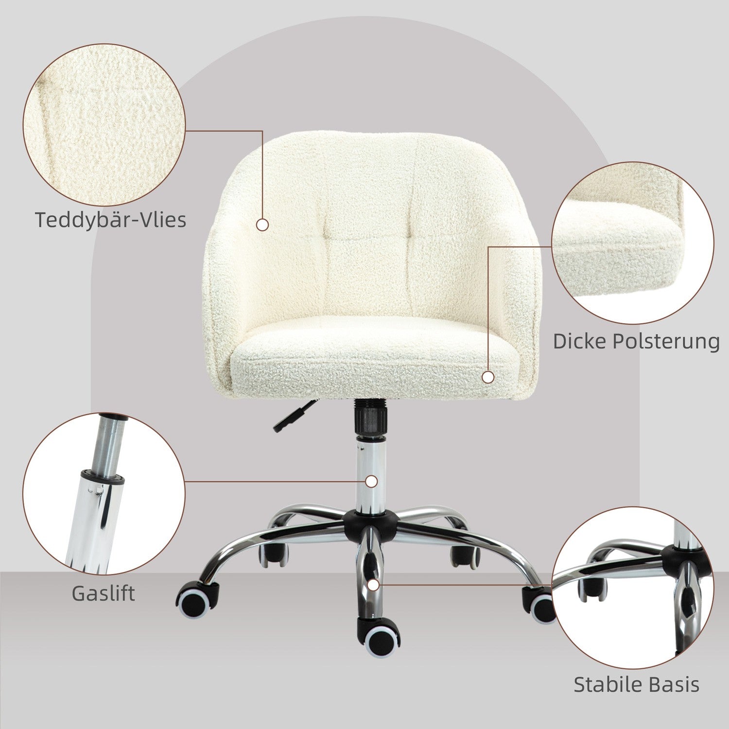 Ergonomisk kontorsstol, Krämvit Teddy Fleece, Justerbar höjd
