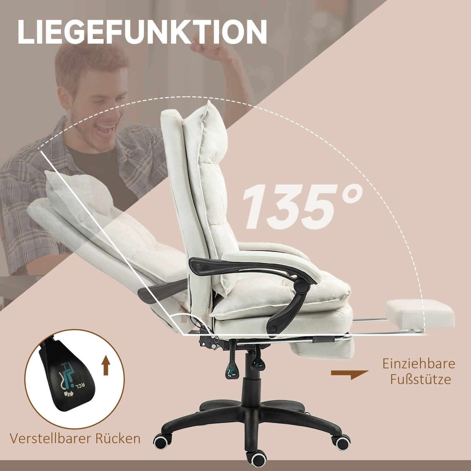 Ergonomická kancelářská židle, masážní funkce a nastavení sklonu, krémově bílá
