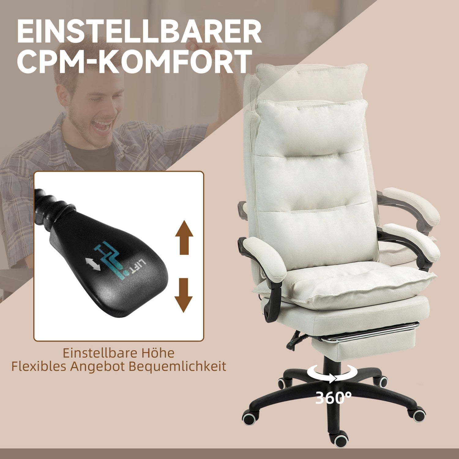 Ergonomická kancelářská židle, masážní funkce a nastavení sklonu, krémově bílá