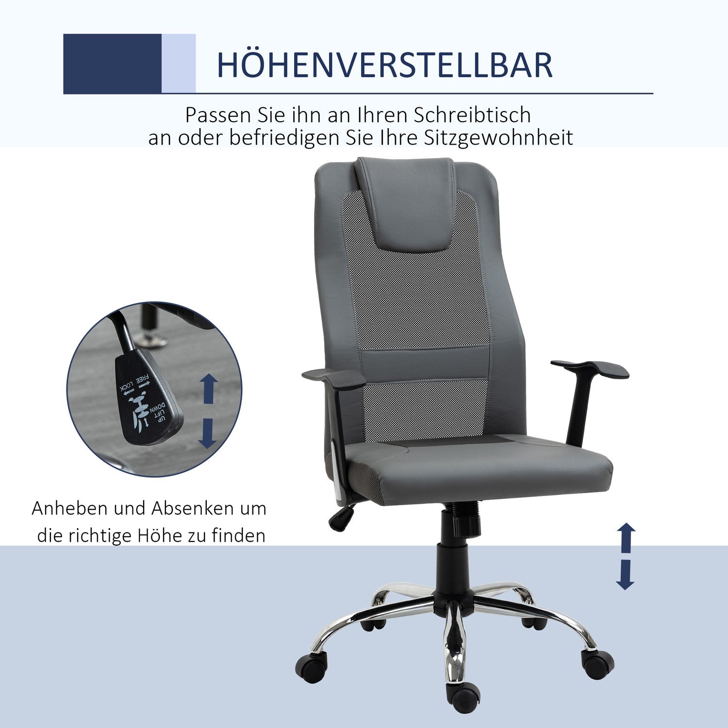 Ergonomisk kontorsstol i grått konstläder justerbar