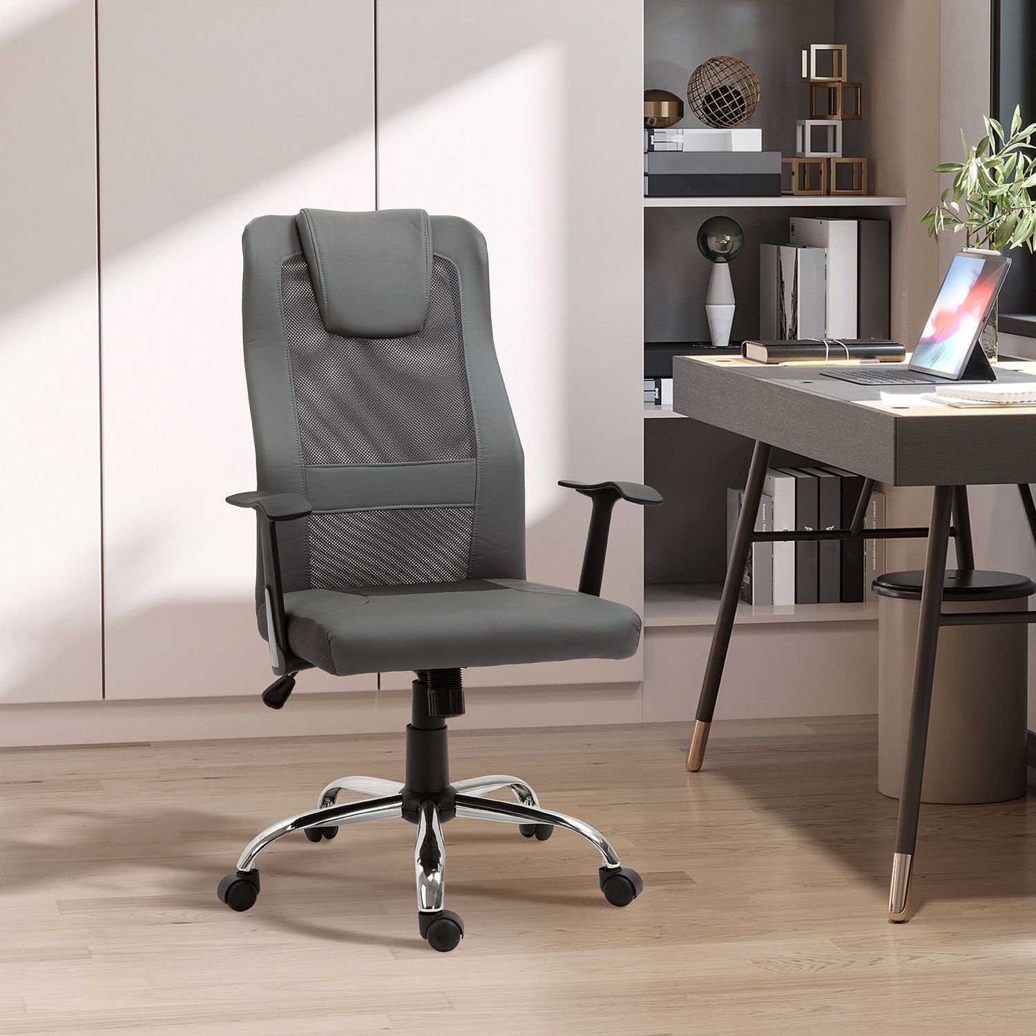 Ergonomisk kontorsstol i grått konstläder justerbar