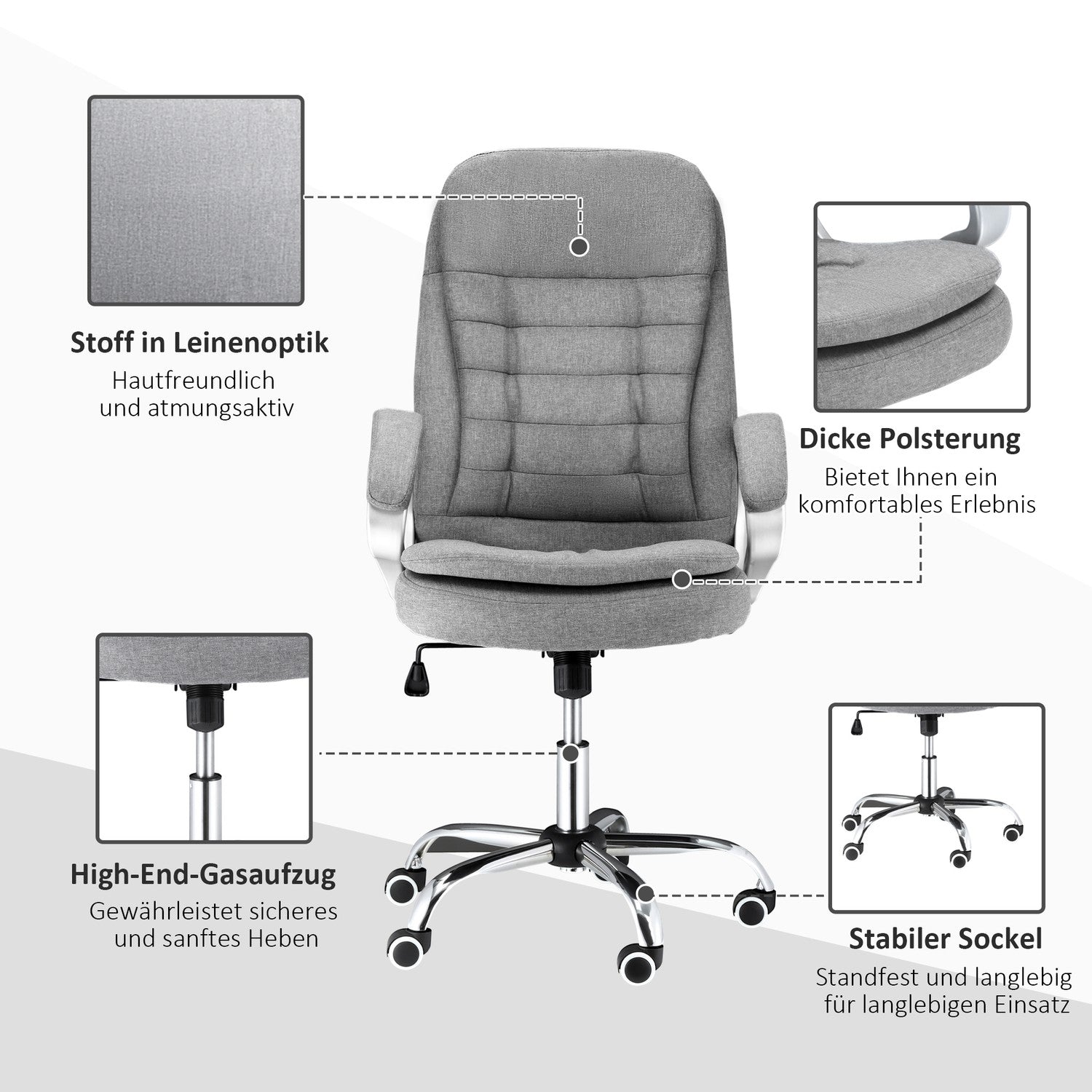 Ergonomisk kontorsstol i grått linne med rocker, justerbar höjd
