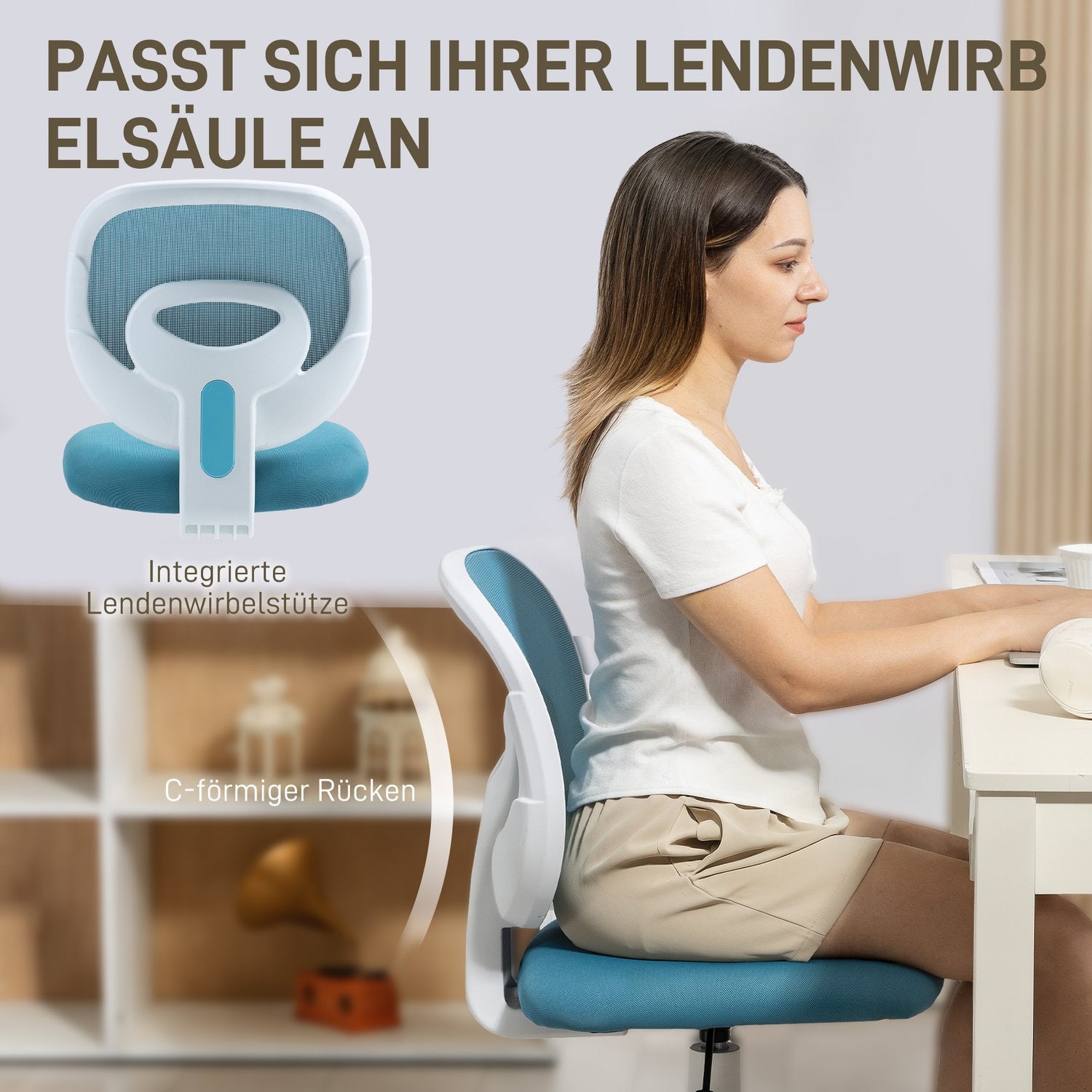 Ergonomisk kontorsstol, justerbar höjd, blått nät