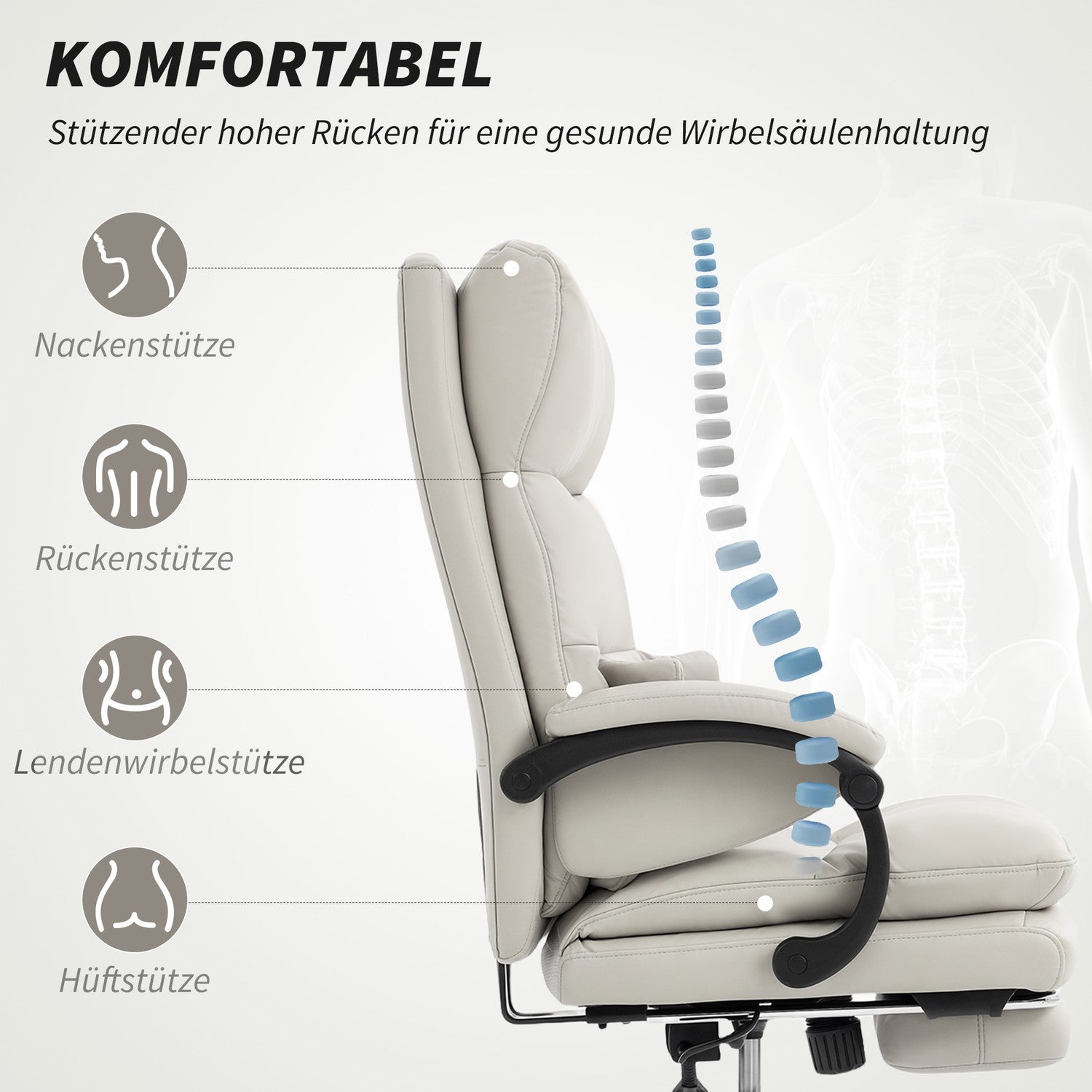 Ergonomisk kontorsstol, justerbar, svankstöd, ljusgrå