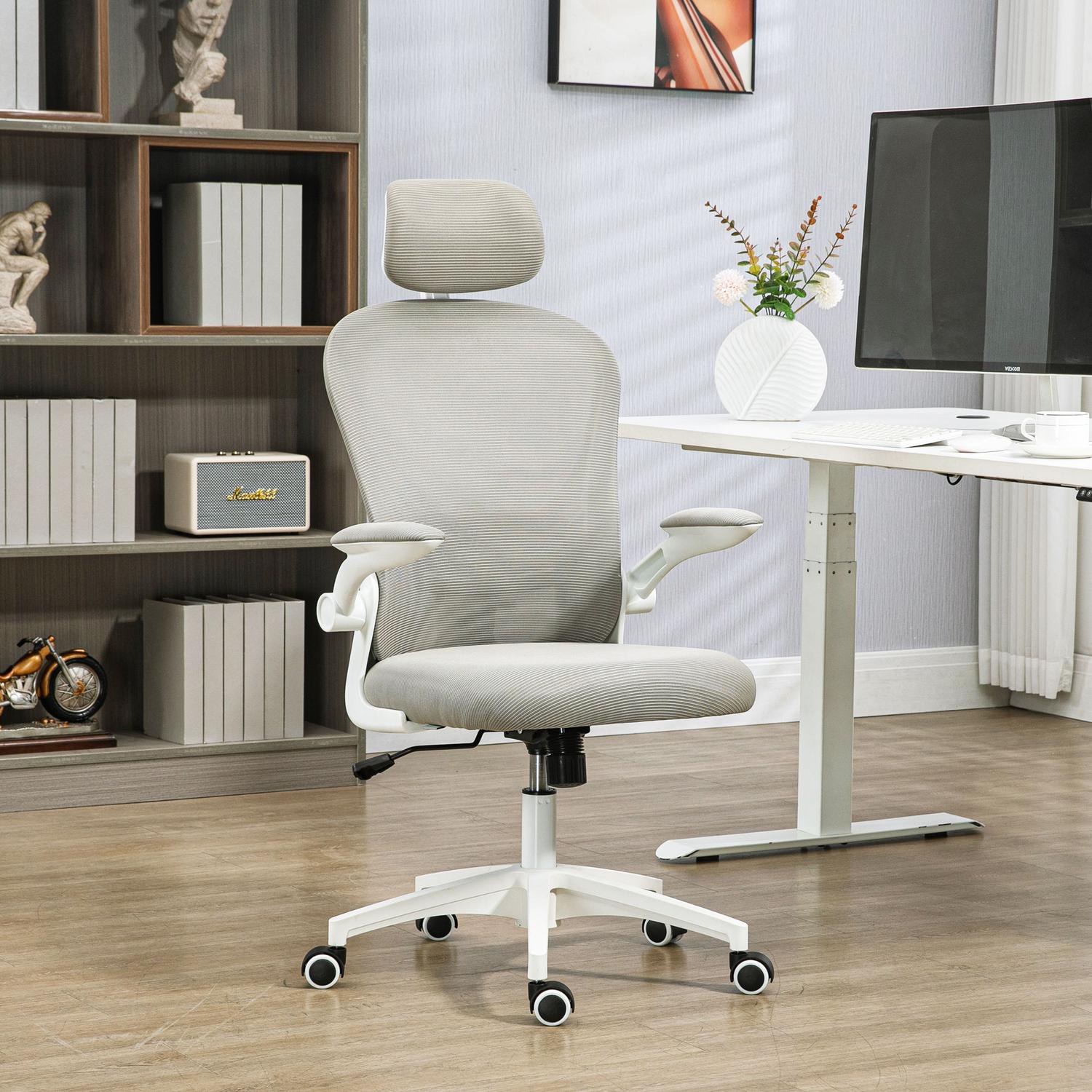 Ergonomická kancelářská židle s nastavitelnou opěrkou hlavy, šedá