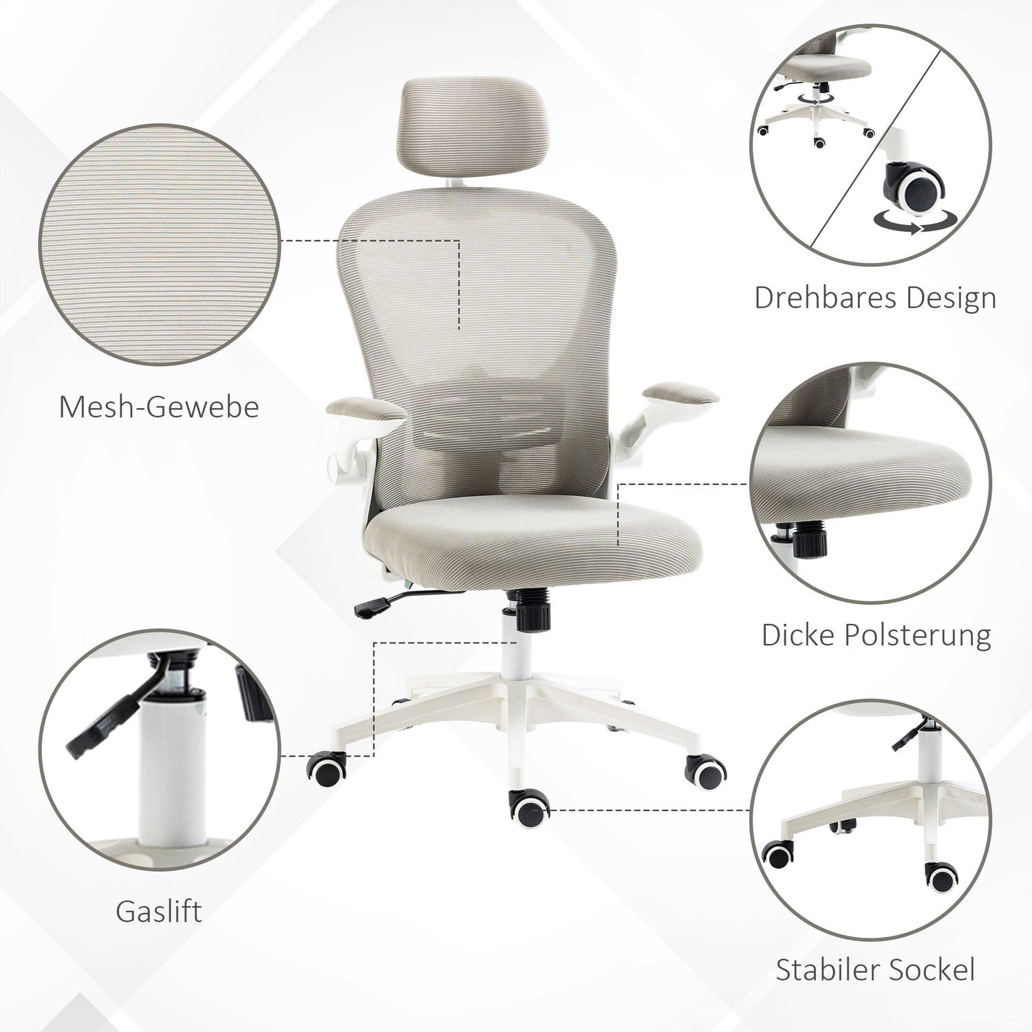 Ergonomická kancelářská židle s nastavitelnou opěrkou hlavy, šedá