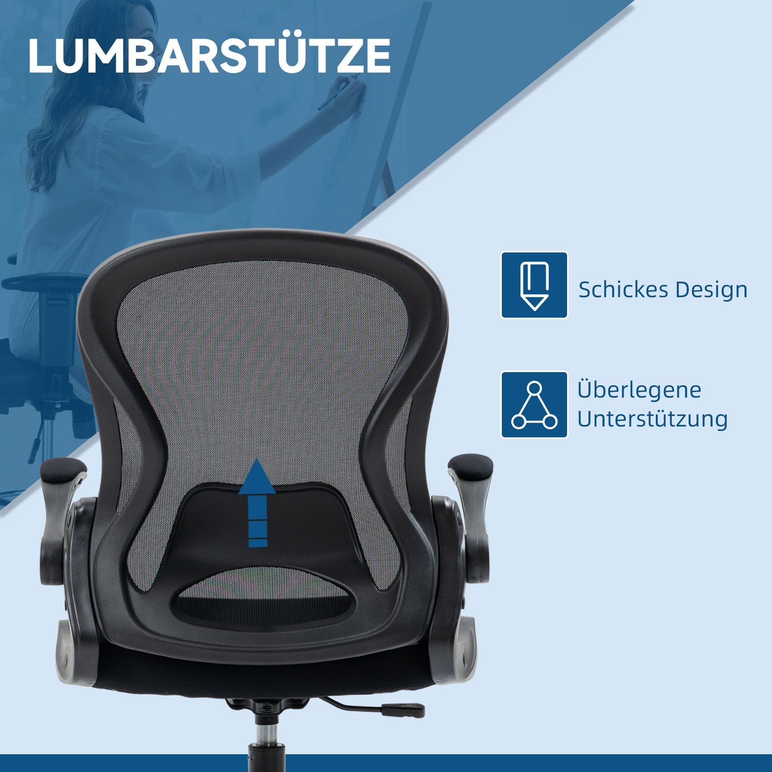 Ergonomisk kontorsstol med hjul & svankstöd, svart