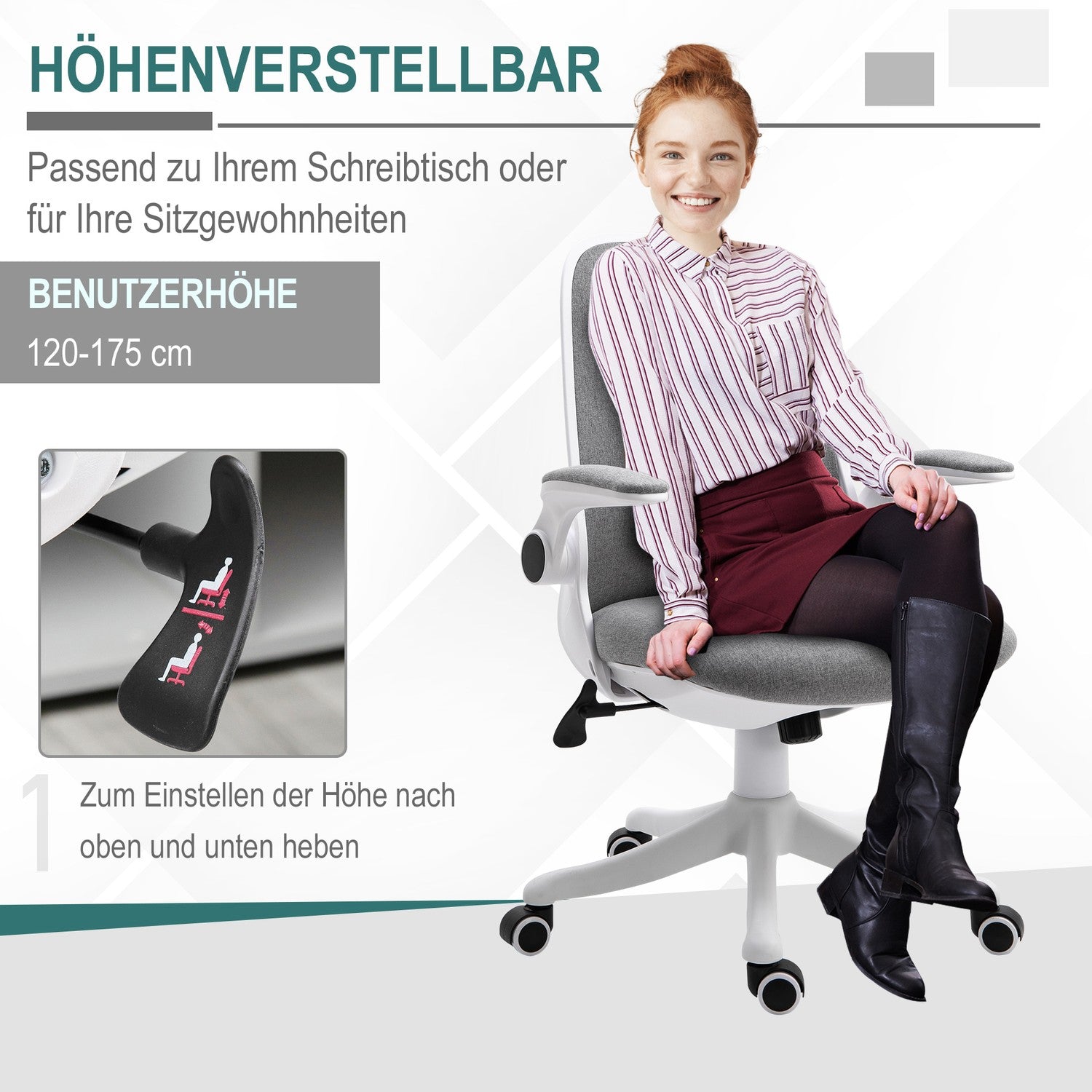 Ergonomisk kontorsstol med justerbart armstöd, grå-vit