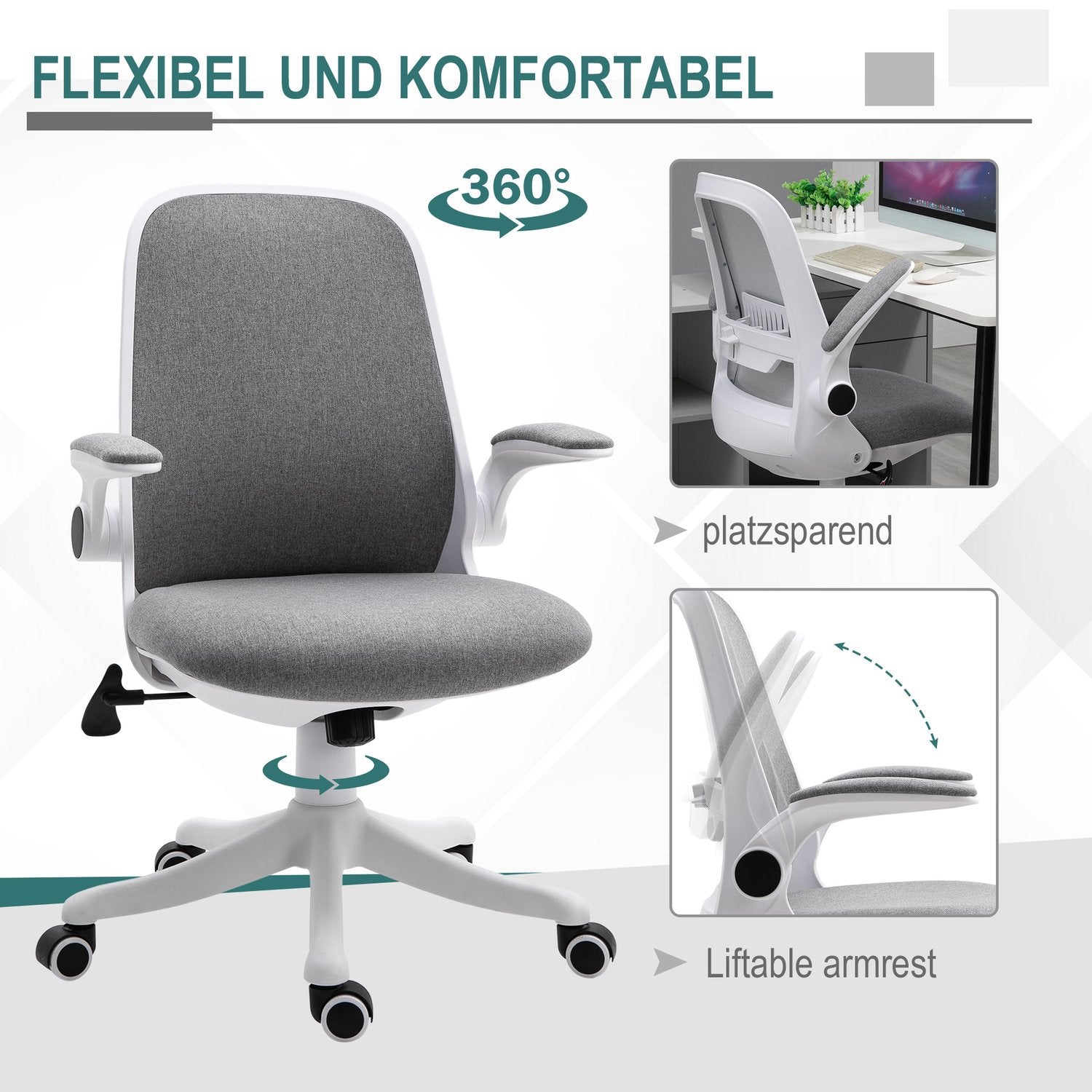 Ergonomisk kontorsstol med justerbart armstöd, grå-vit