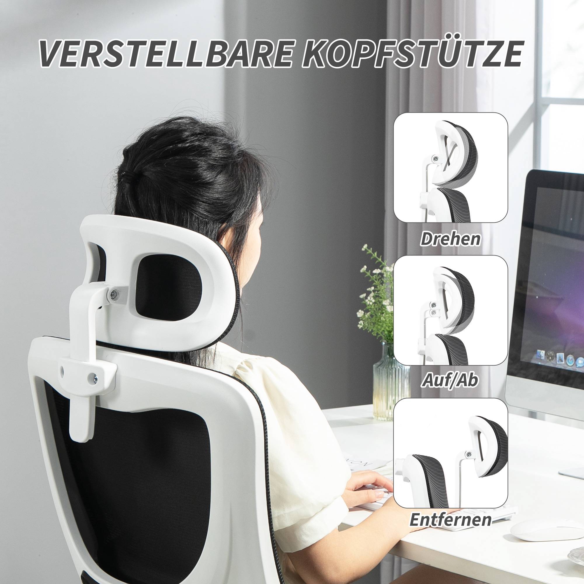 Ergonomisk kontorsstol med justerbart nackstöd, svart nät