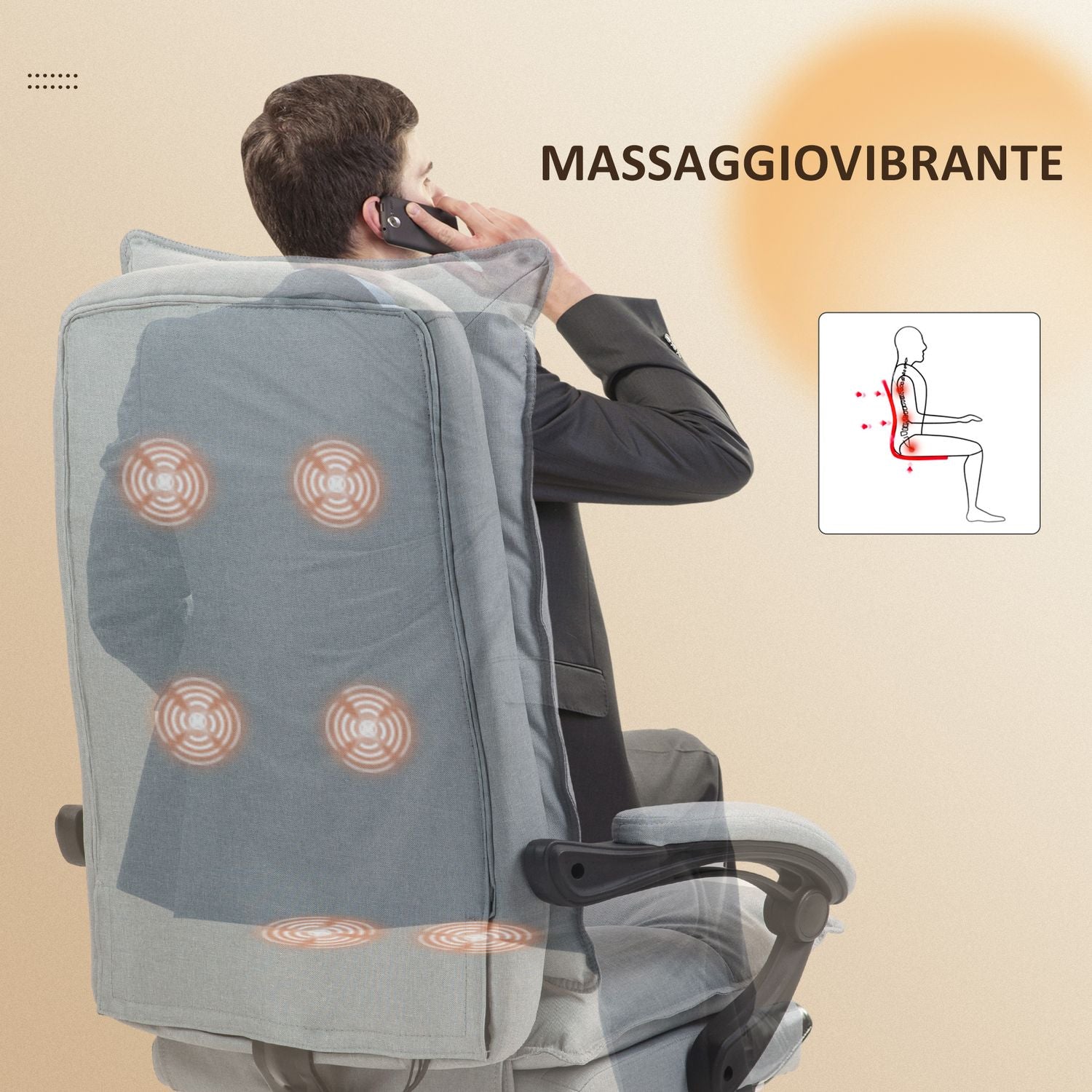Ergonomické kancelářské křeslo s masáží a funkcí naklápění, světle šedé