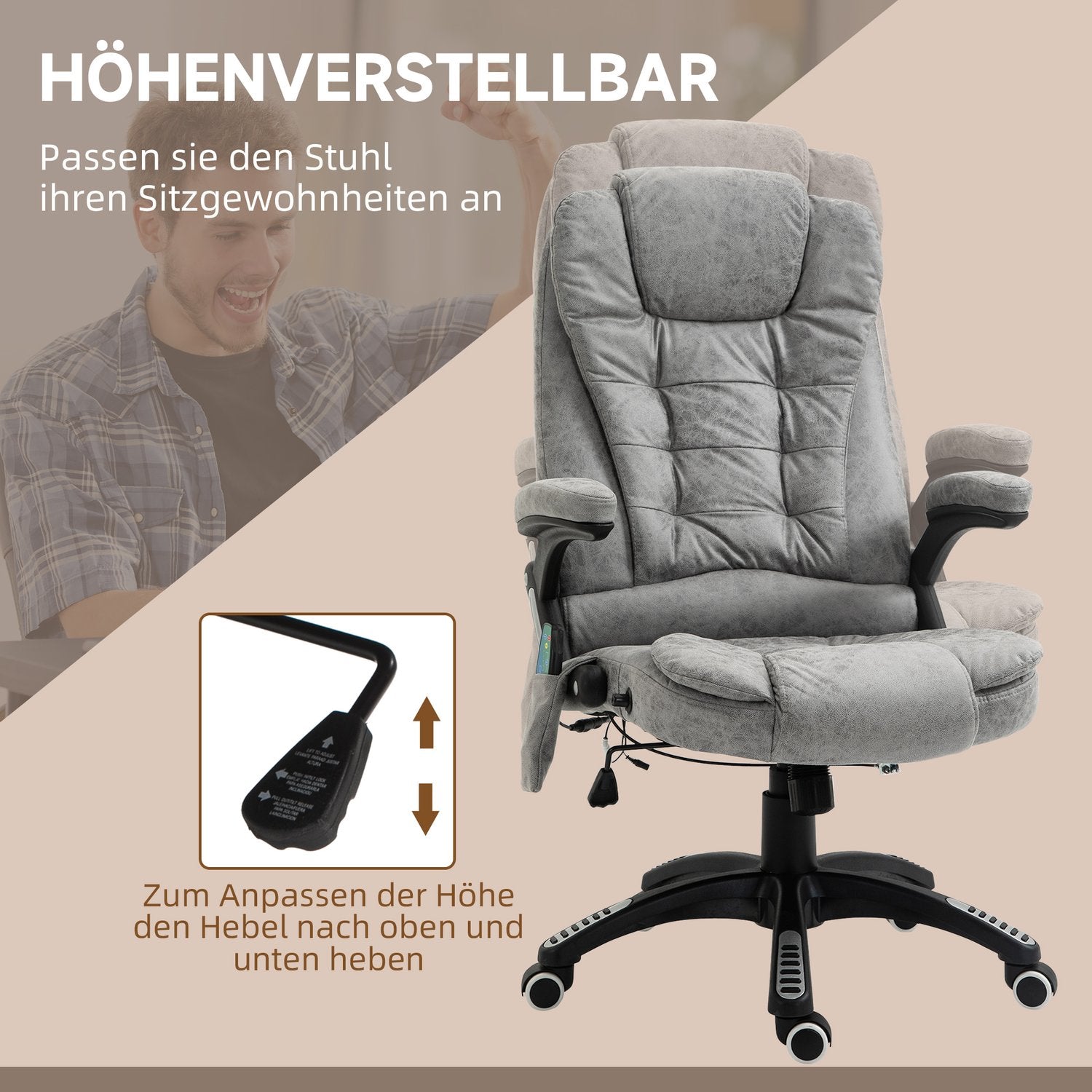 Ergonomisk kontorsstol med värme och massage, justerbar höjd