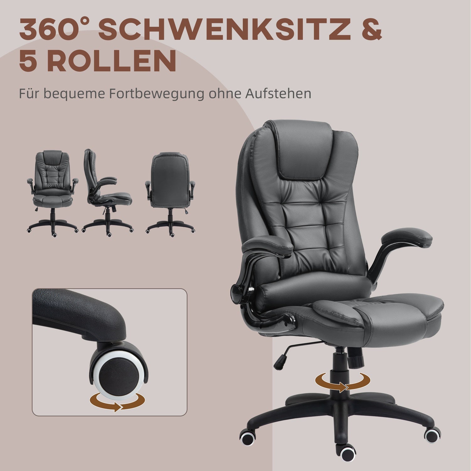 Ergonomické kancelářské křeslo s otočnými a sklopnými područkami, tmavě šedé
