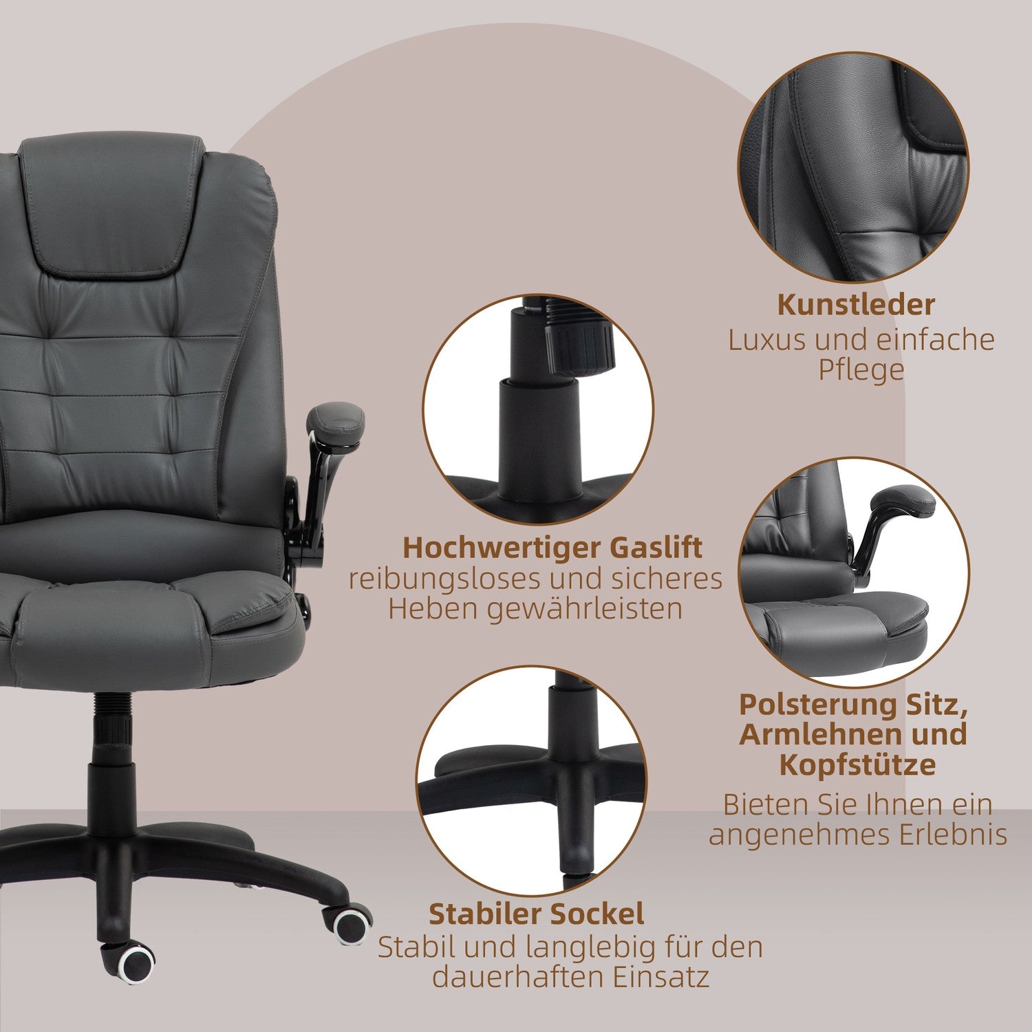 Ergonomické kancelářské křeslo s otočnými a sklopnými područkami, tmavě šedé